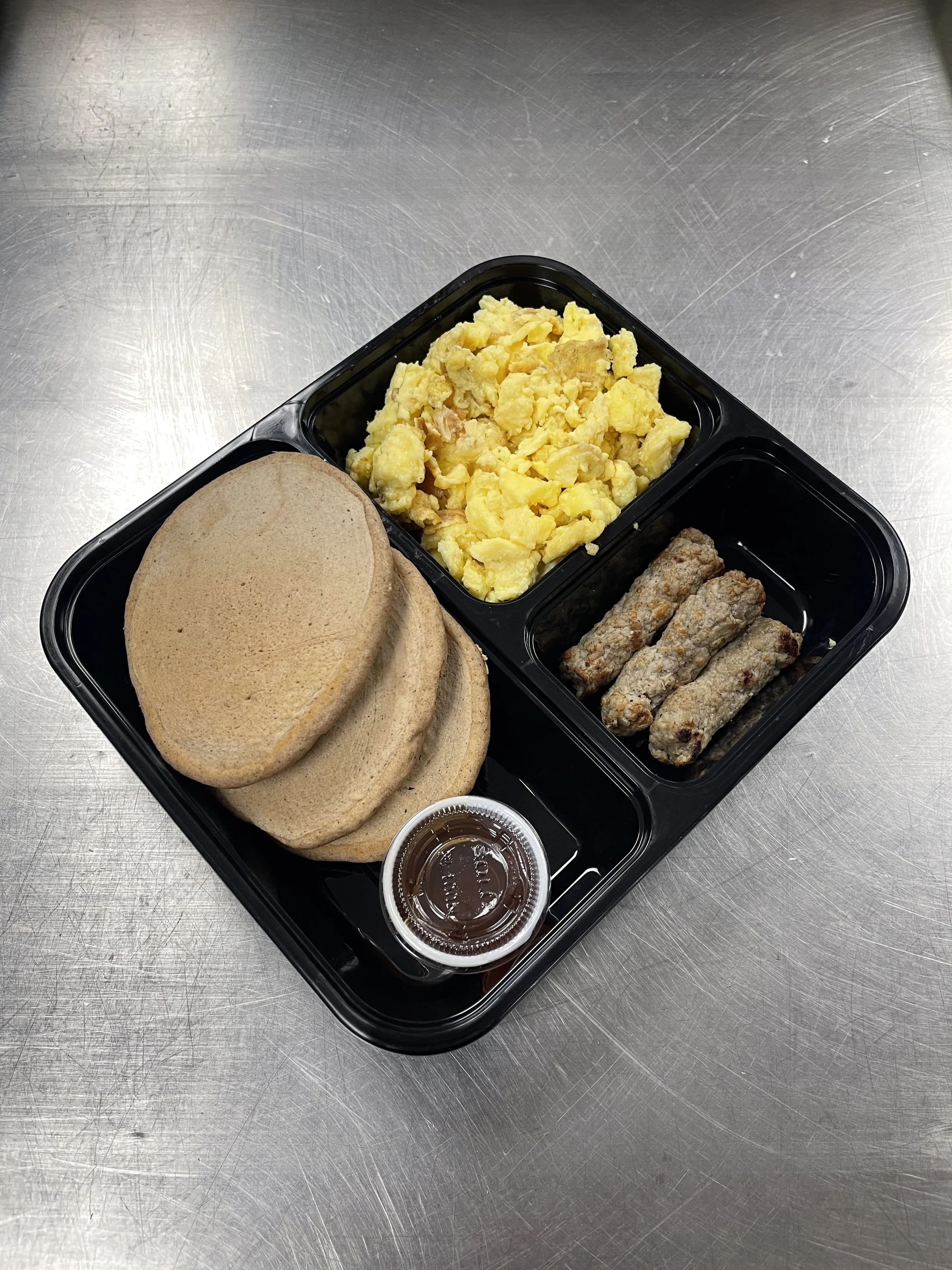 Pancakes with Scrambled Eggs & Turkey Links