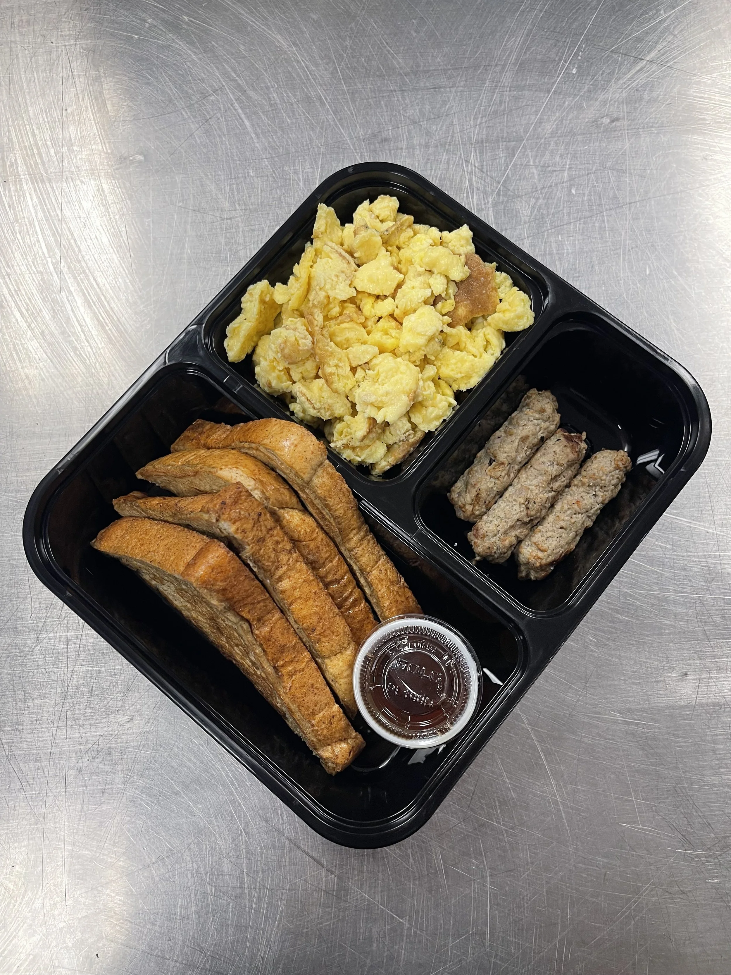 French Toast with Turkey Links, Scrambled Eggs & Syrup
