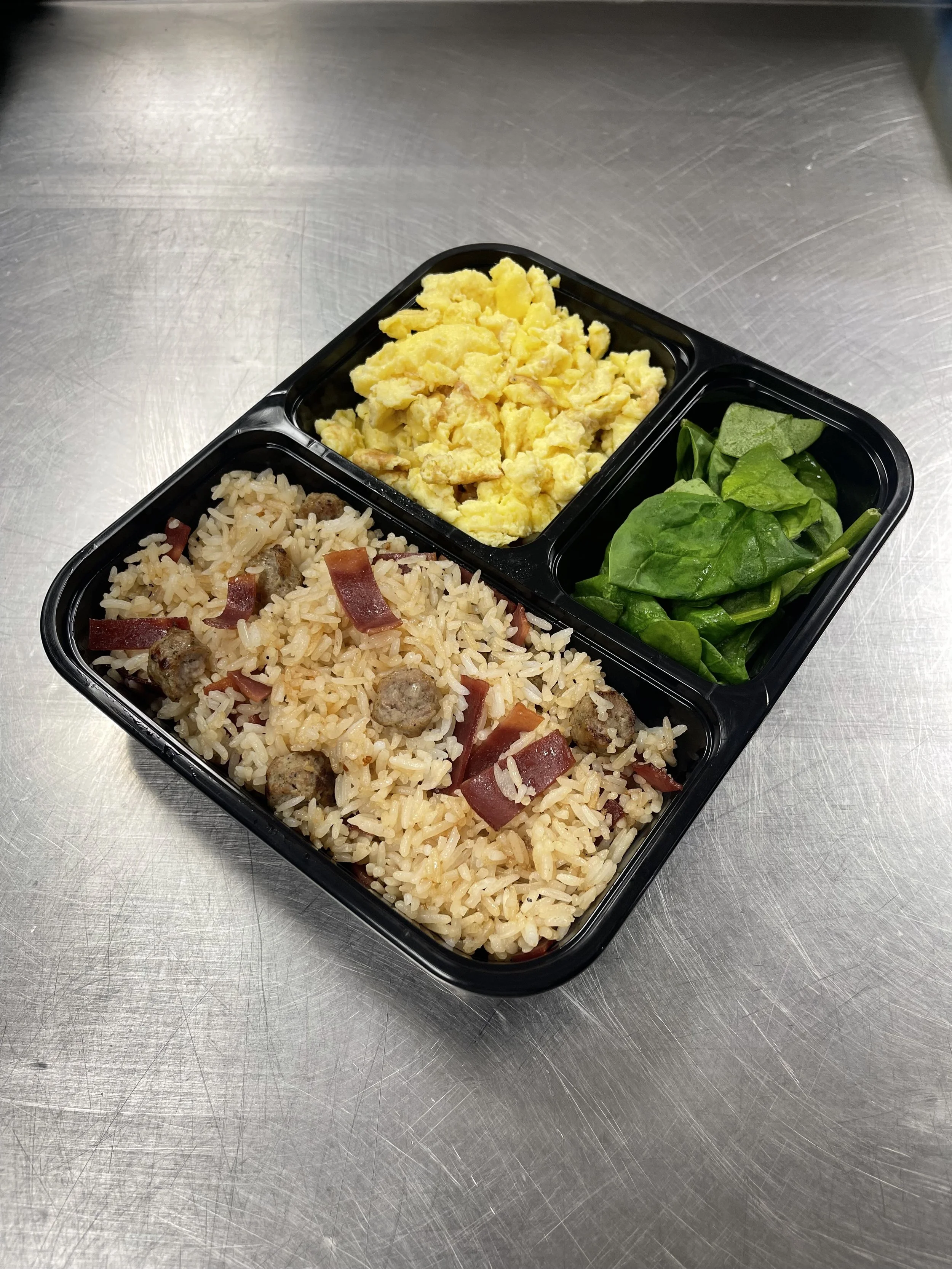 Turkey Links & Turkey Bacon Fried Rice with Spinach