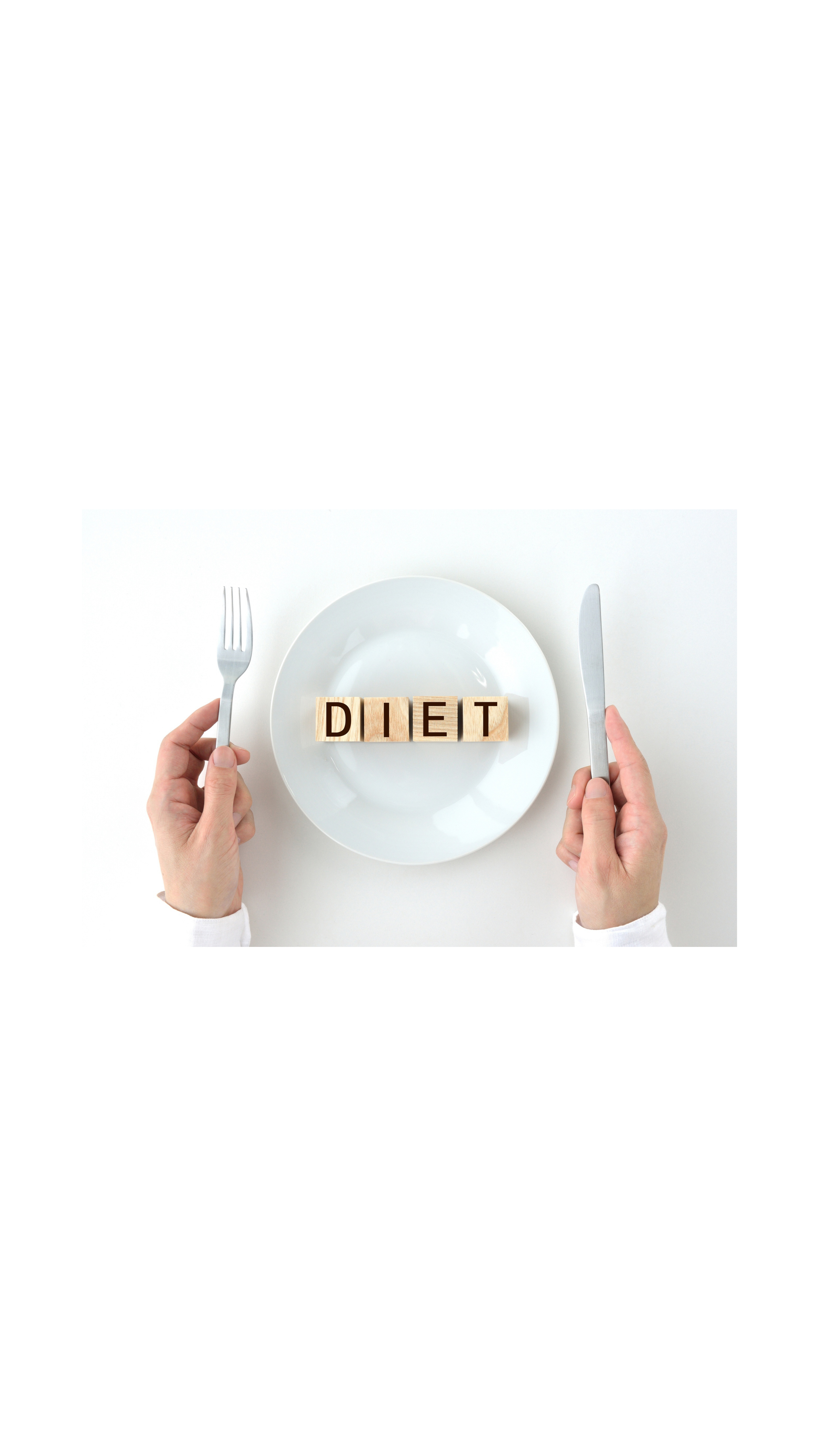 Hands holding a fork and knife on either side of a plate with wooden blocks spelling 'DIET' on it.