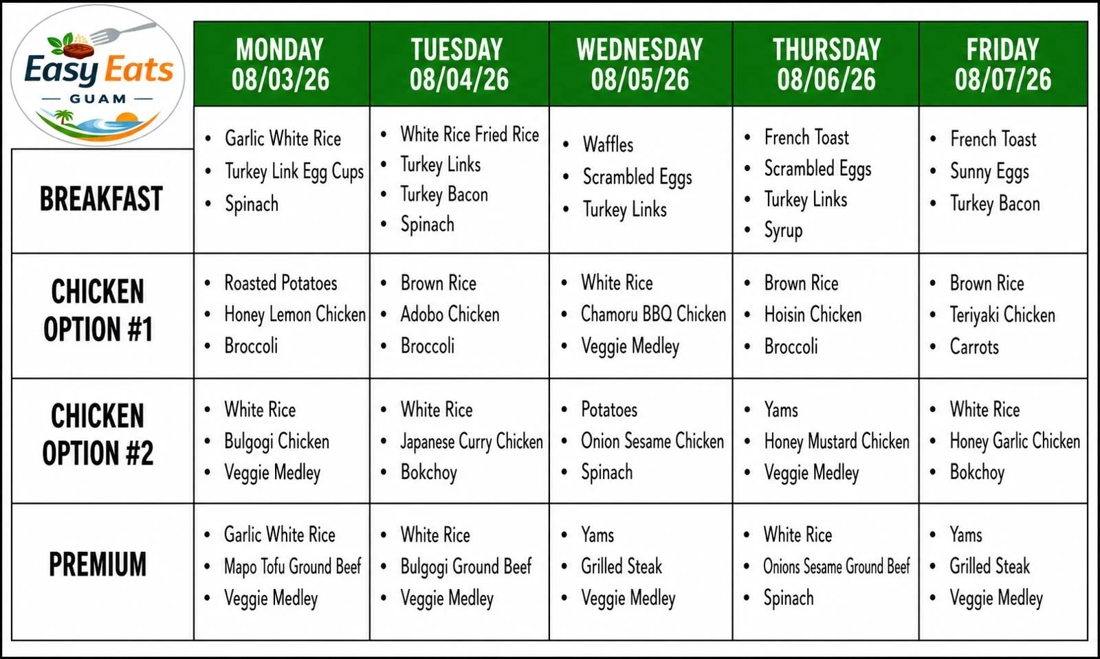Weekly meal plan menu for Easy Eats Guam from August 3 to August 7, 2026, including breakfast, chicken options, and premium dishes for each day with various food items listed.