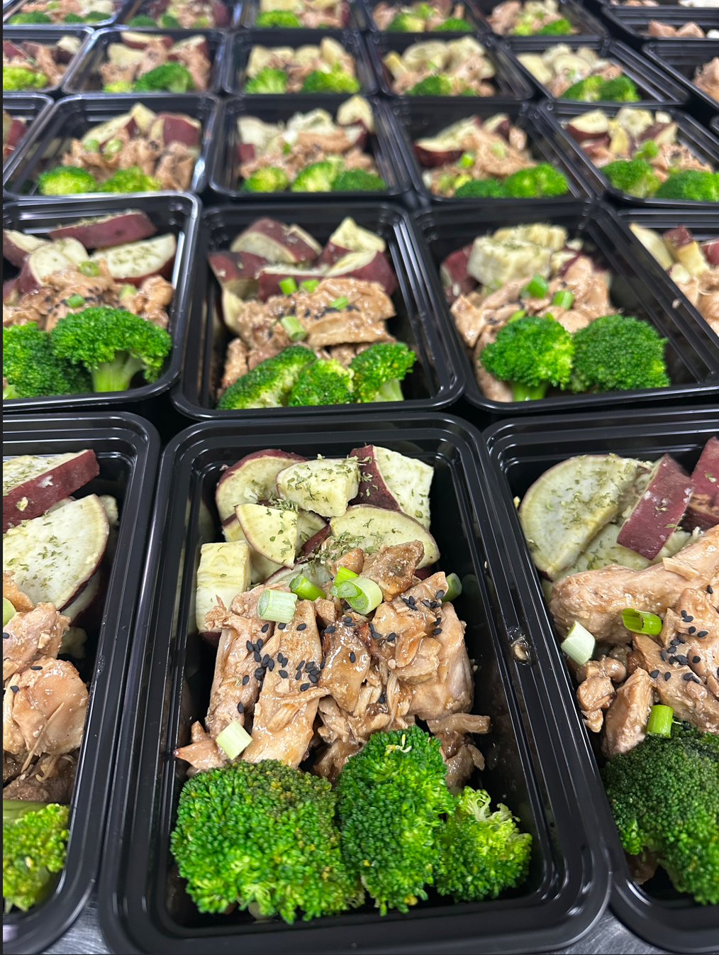 Prepared food containers with broccoli, eggplant, and chicken, garnished with chopped green onions and sesame seeds.