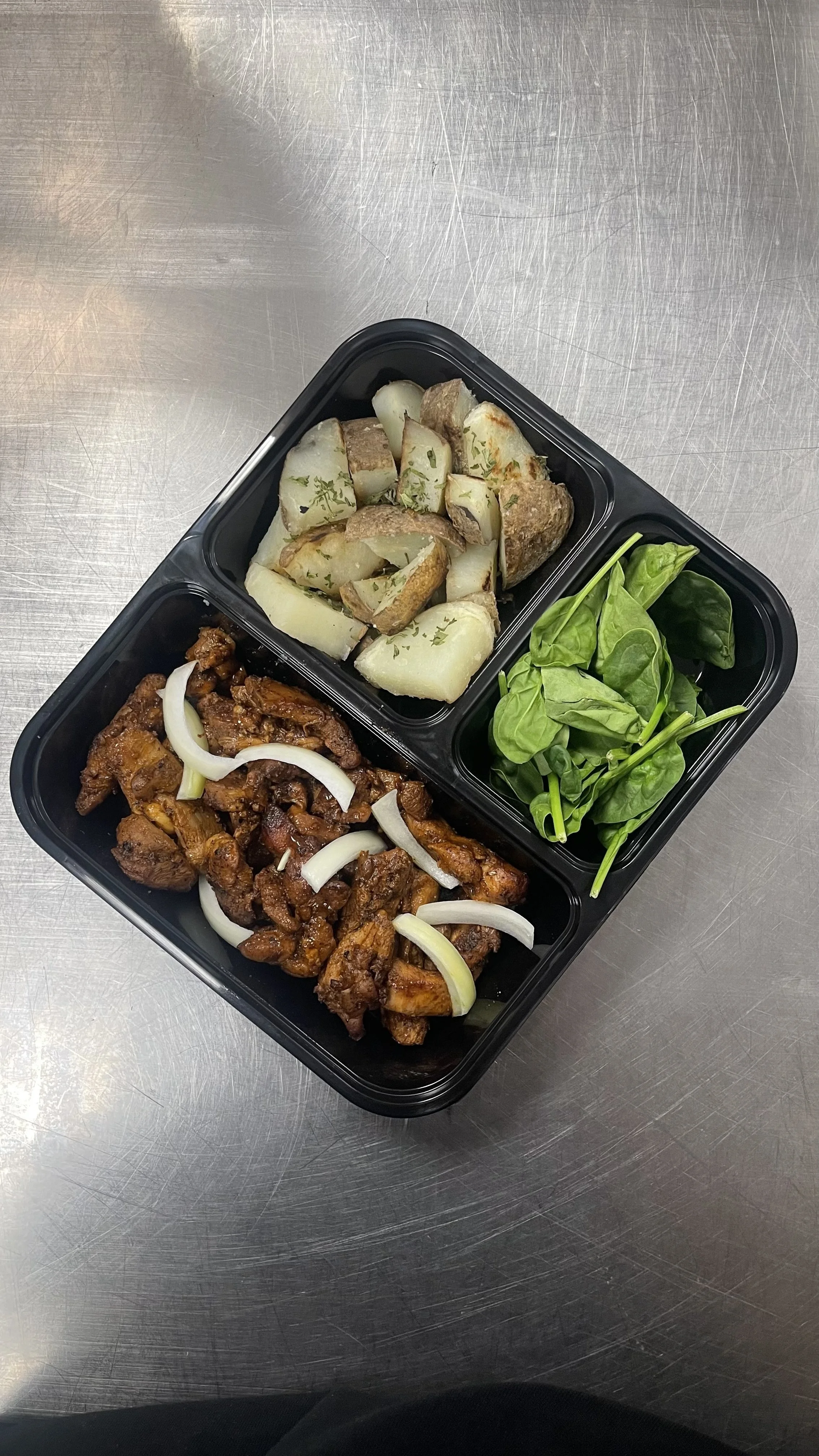 Onion Sesame Chicken with Potatoes & Spinach