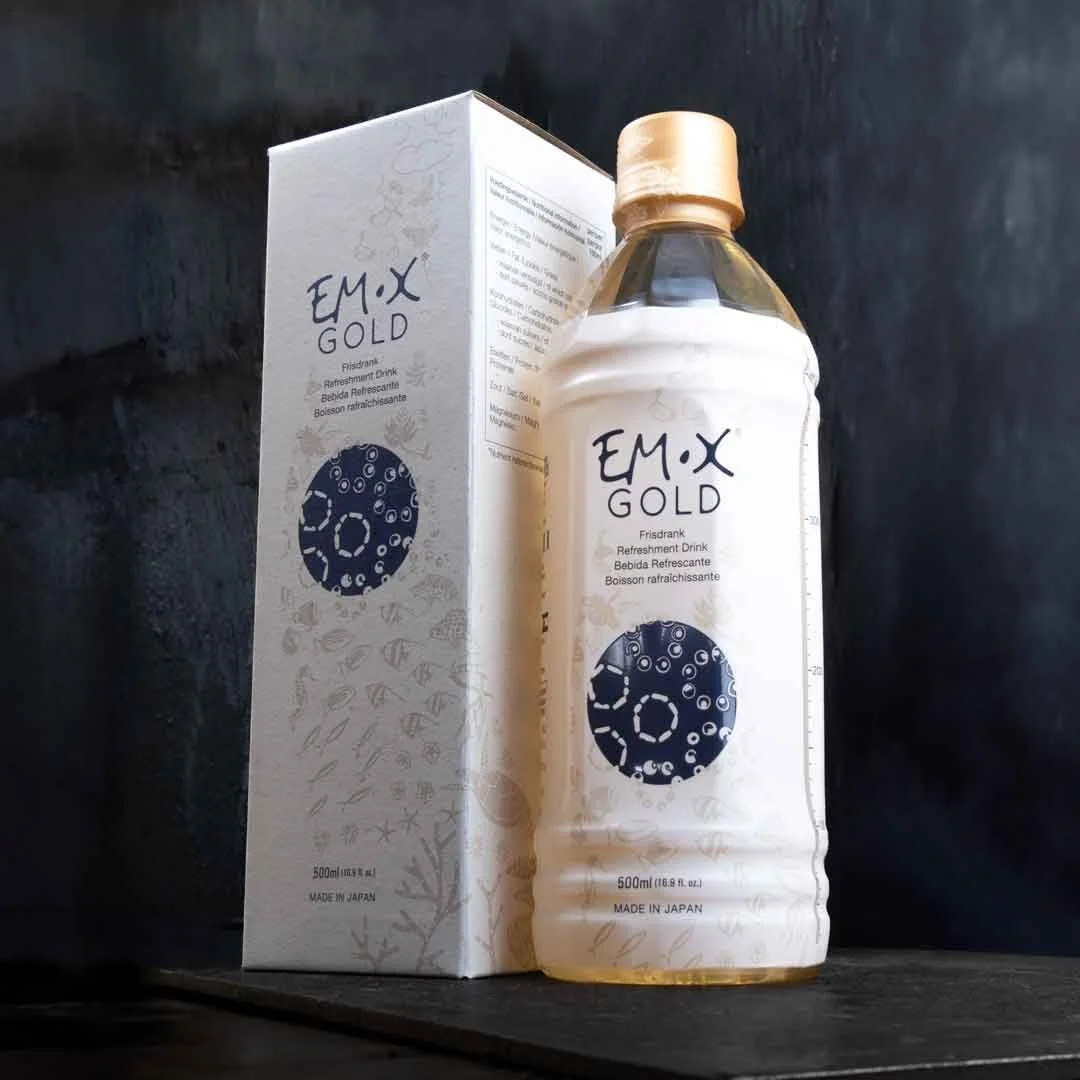 EM-X Gold 500ml fermented drink bottle with its box