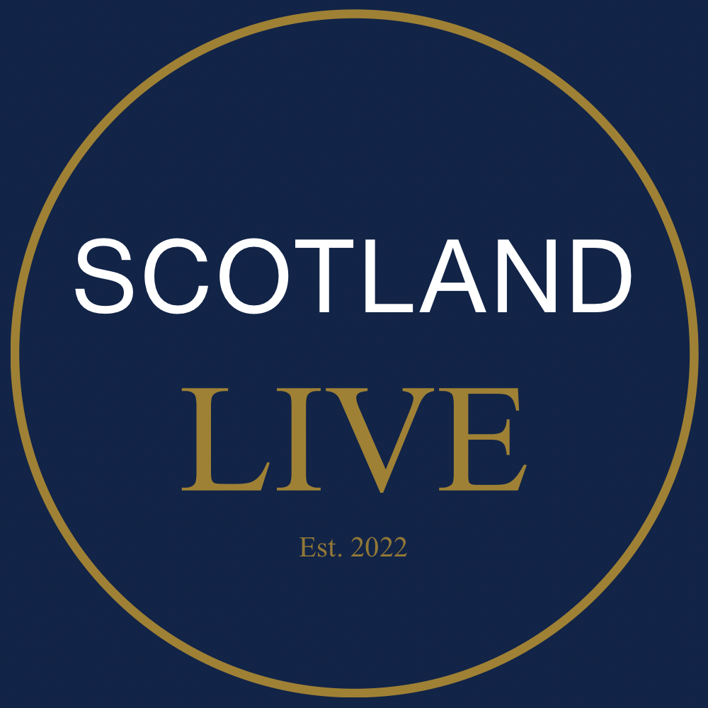 Blue graphic with white text reading "Scotland Live" and faint outline of thistle plant.