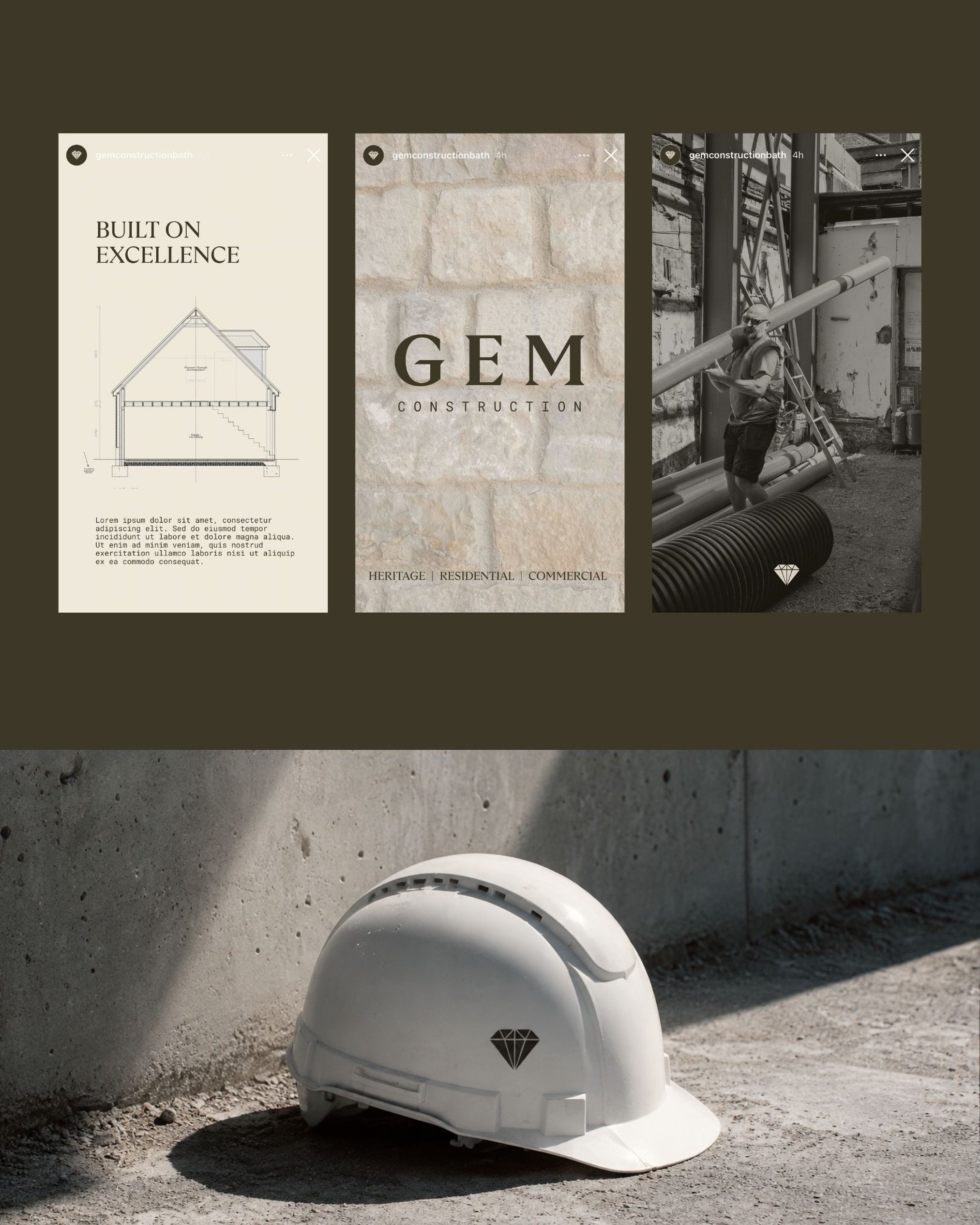 Creative concepts following the rebrand for @gemconstructionbath, combining a technical, architectural feel with a considered colour palette inspired by Bath Stone. 

A premium, refined aesthetic that showcases the craftsmanship and quality of their 
