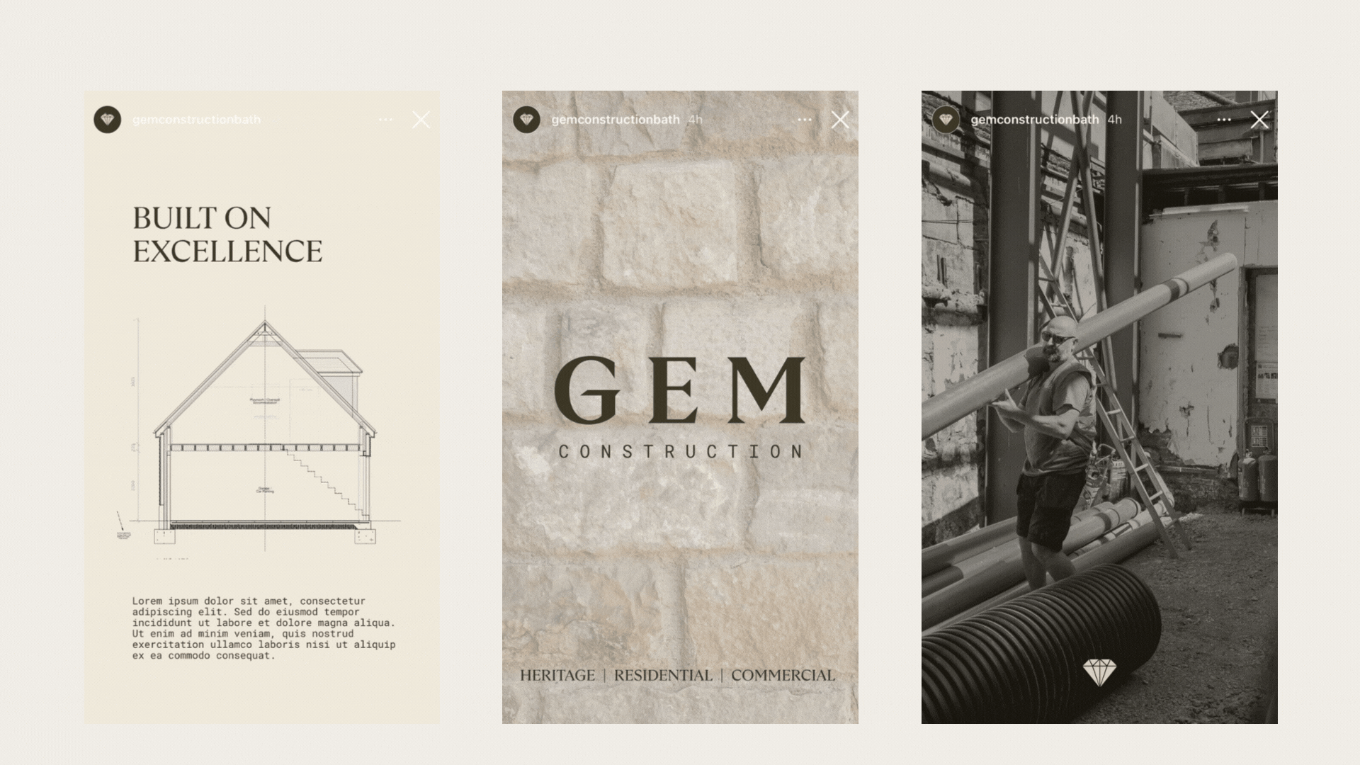 Three images related to construction and architecture. The first shows a blueprint of a house with text, the second displays the logo 'GEM Construction' on a stone wall background, and the third depicts a construction worker on site with pipes and scaffolding.
