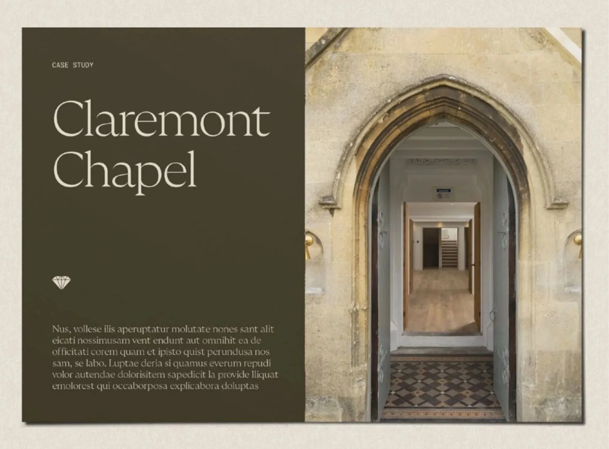 Branding mock-up showing cover page of a case study titled 'Claremont Chapel' with an image of an arched stone doorframe leading to an interior hallway with patterned flooring.