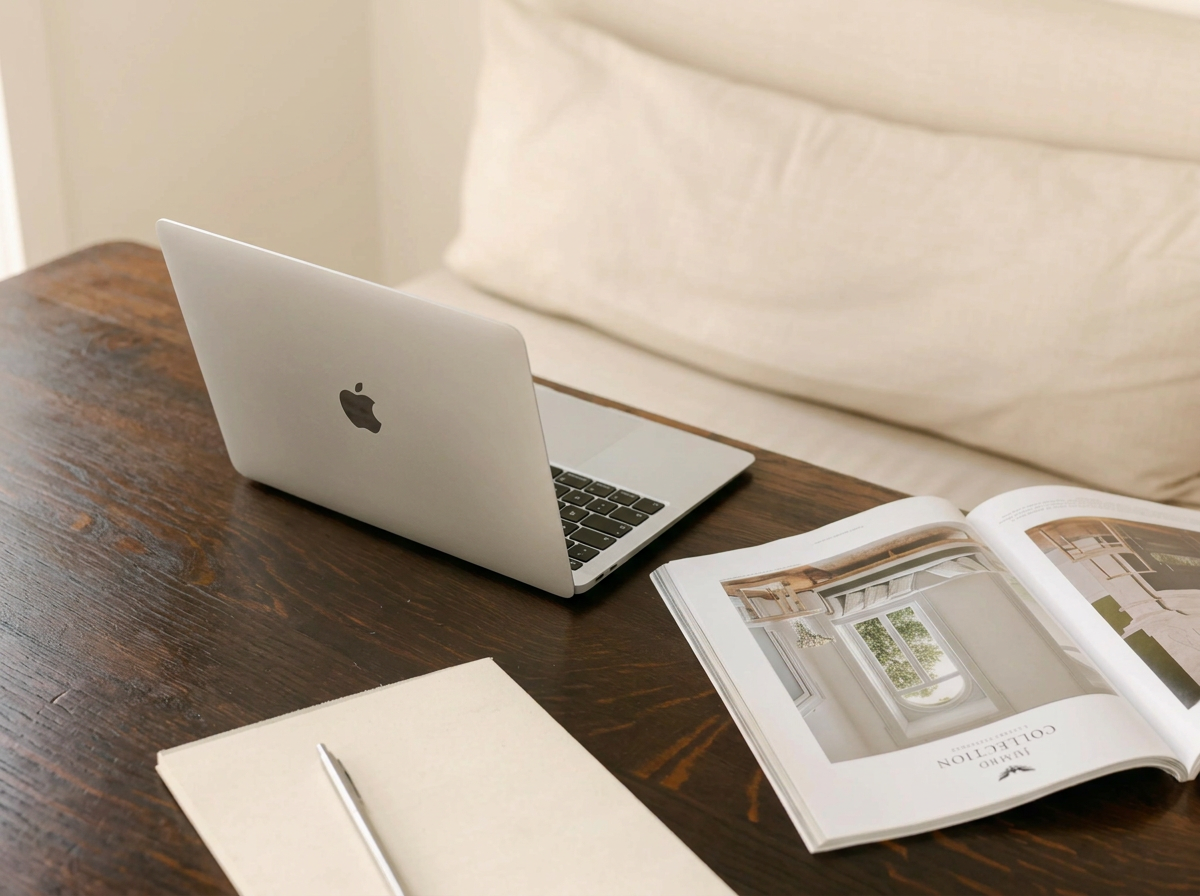 A silver MacBook laptop on a wooden table, open next to an open catalog with interior design images, and a closed notebook with a pen on top.