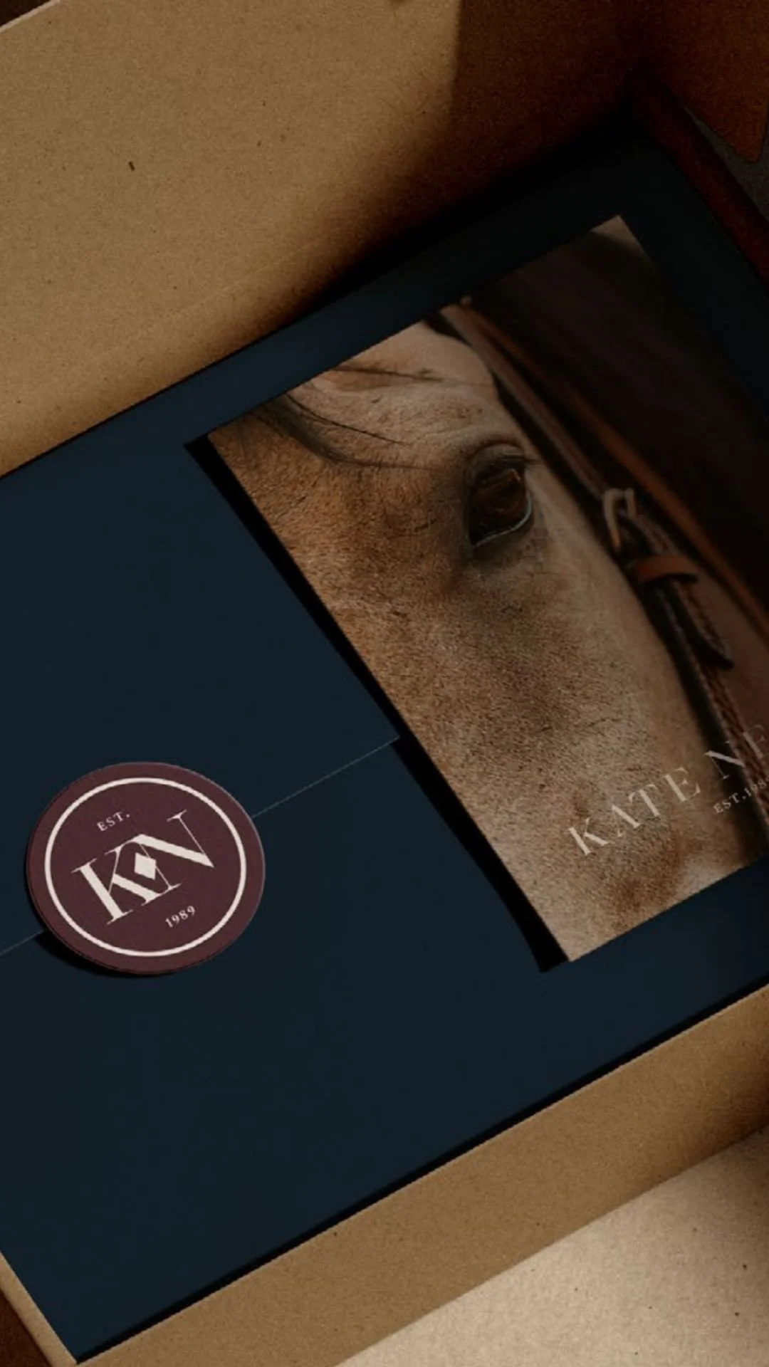 Packaging design of box with a picture of a horse's face and a logo that says 'KATE' and 'Est. 1989'.