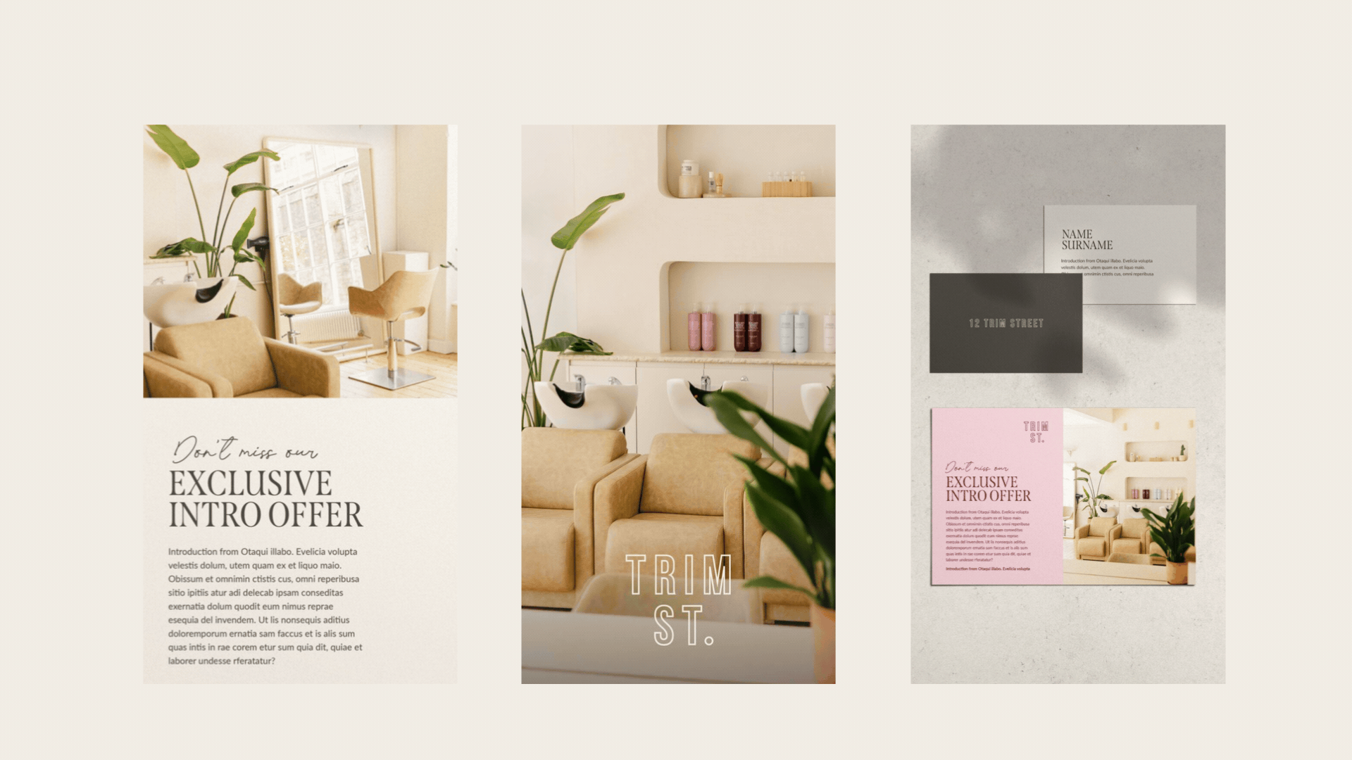 A collage of interior design images  and branding with neutral and pastel-coloured decor, featuring furniture, plants, and promotional text for a hair salon.
