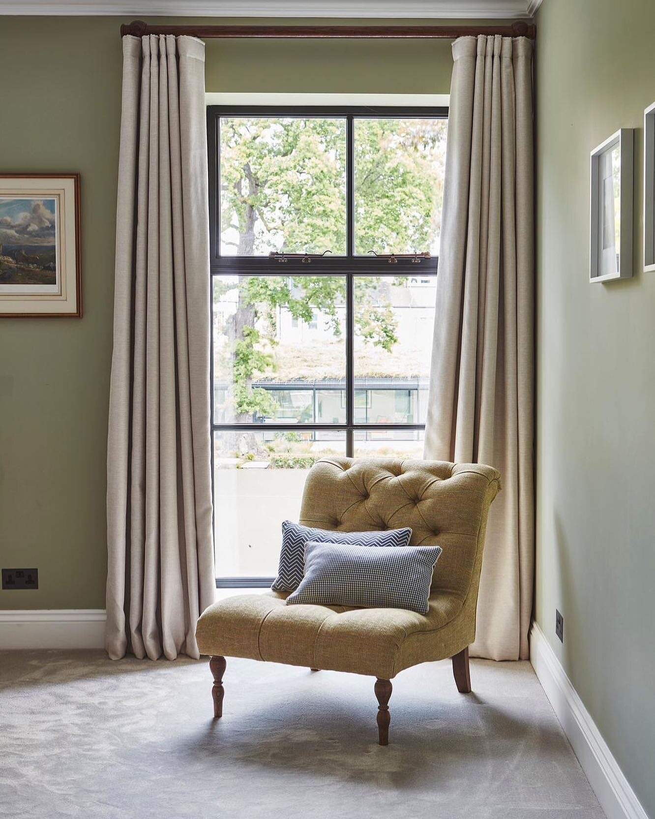 Refresh the mind with a space to chill and find calm.

Interior design: @colour_interiors_ltd 
Chair fabric: @andrewmartin_int 
Chair: @sofadotcom 
Curtains: @bespokecurtainslondon 
Paint: @sanderson1860 
Architect: @jaamarchitects 
Contractor: @masc