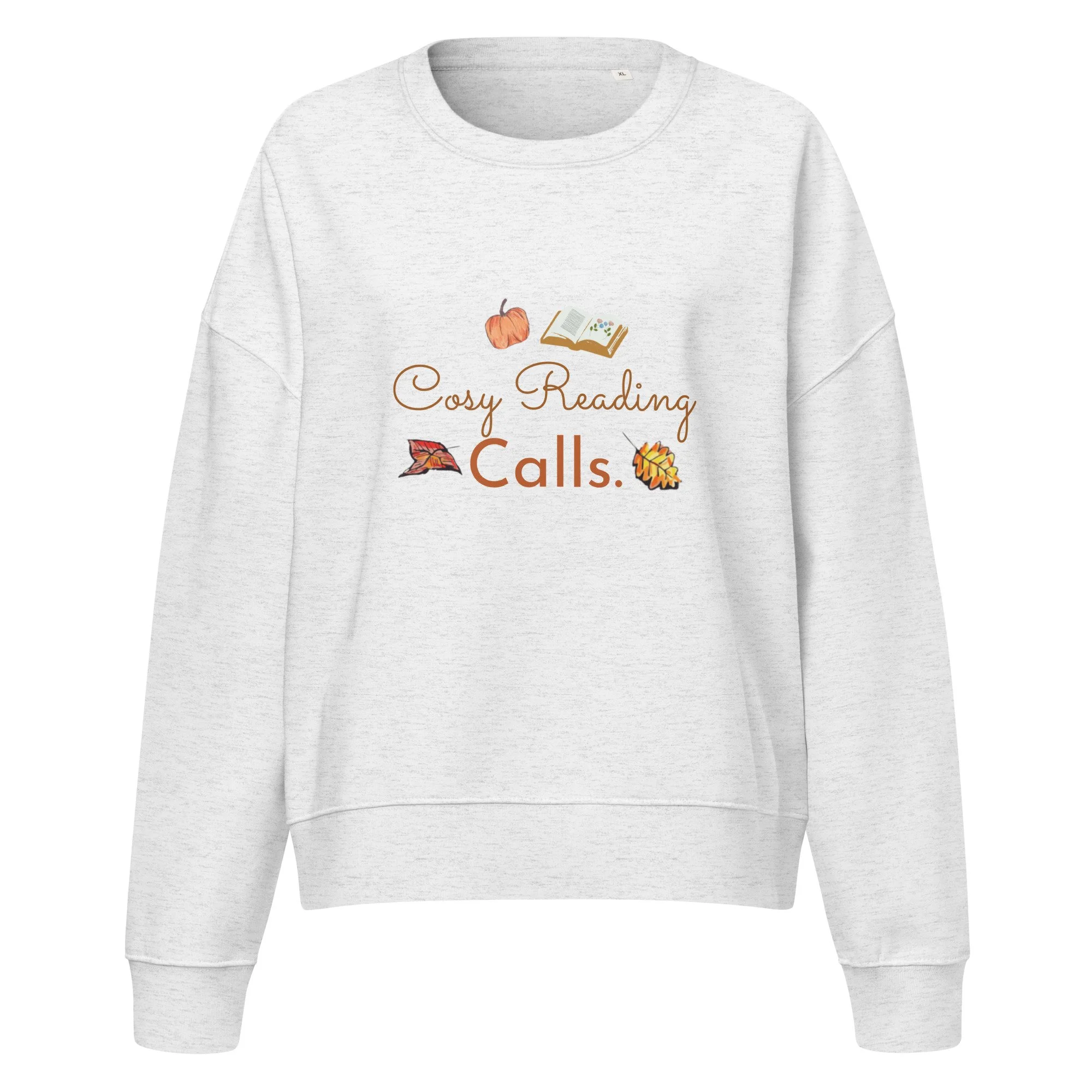 Front view of the heather grey 'Cosy Reading Calls' sweatshirt with book and autumn leaf print