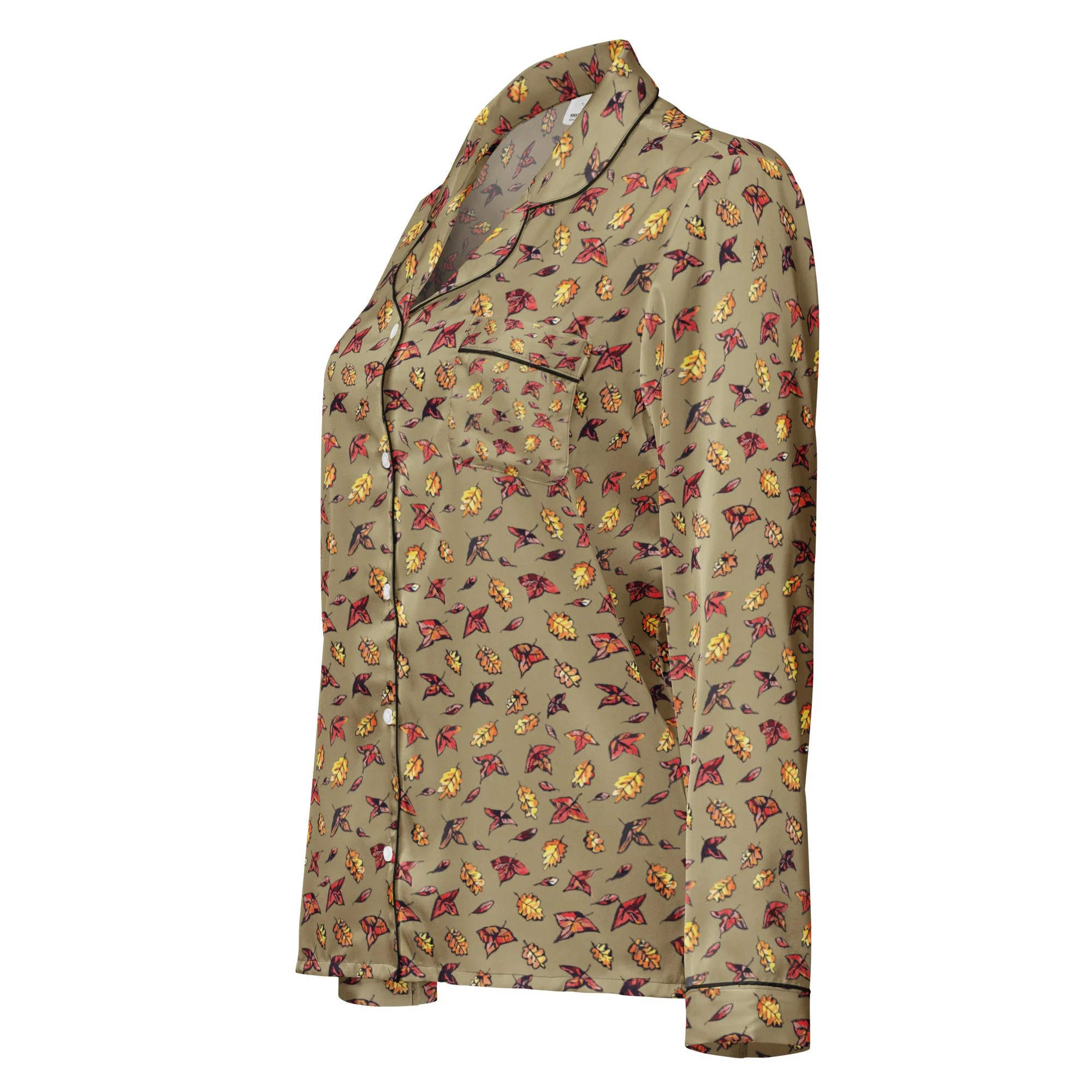 Autumn Green long sleeve pyjama top in olive with autumn leaf print