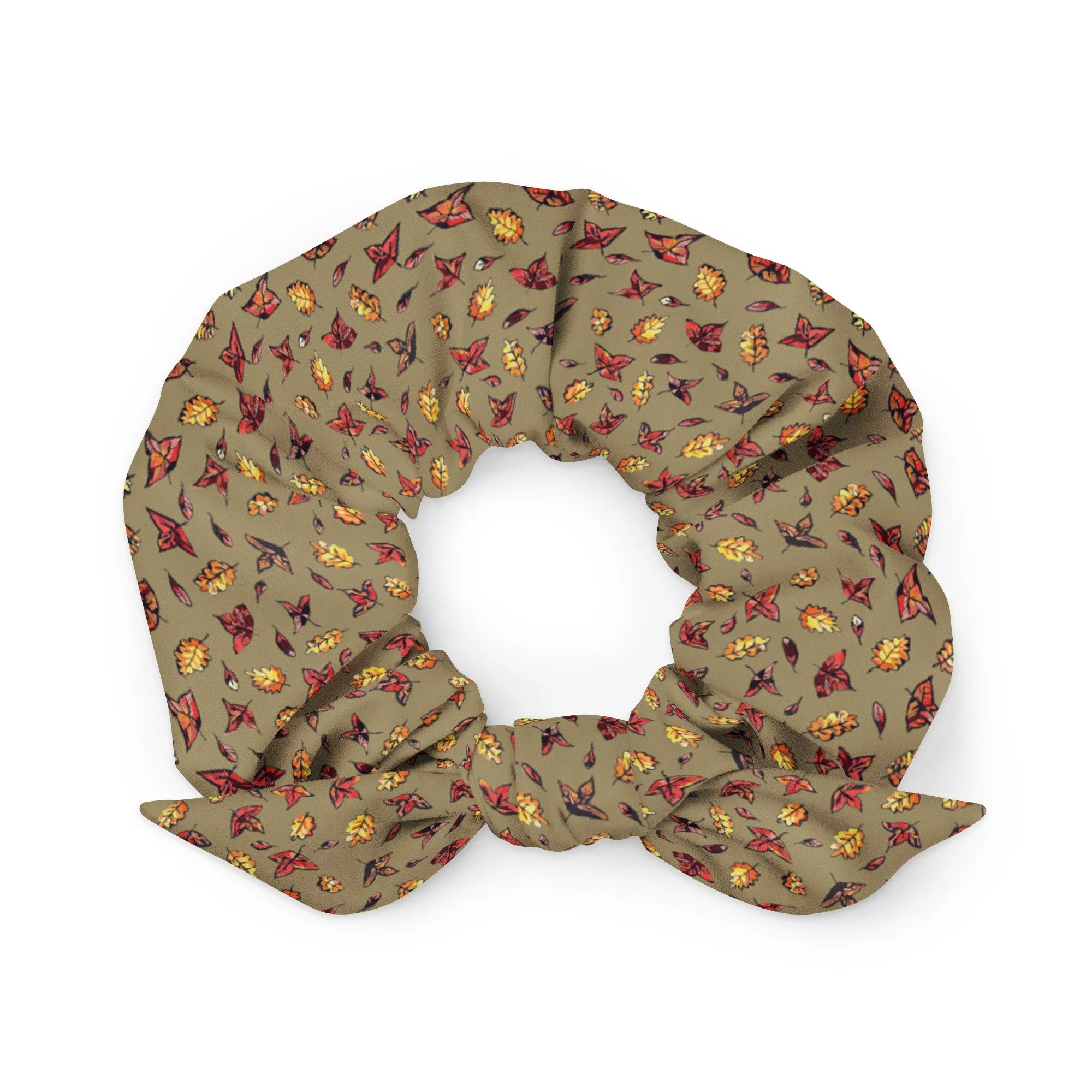 Autumn Green bow scrunchie with red and golden autumn leaf print on olive fabric