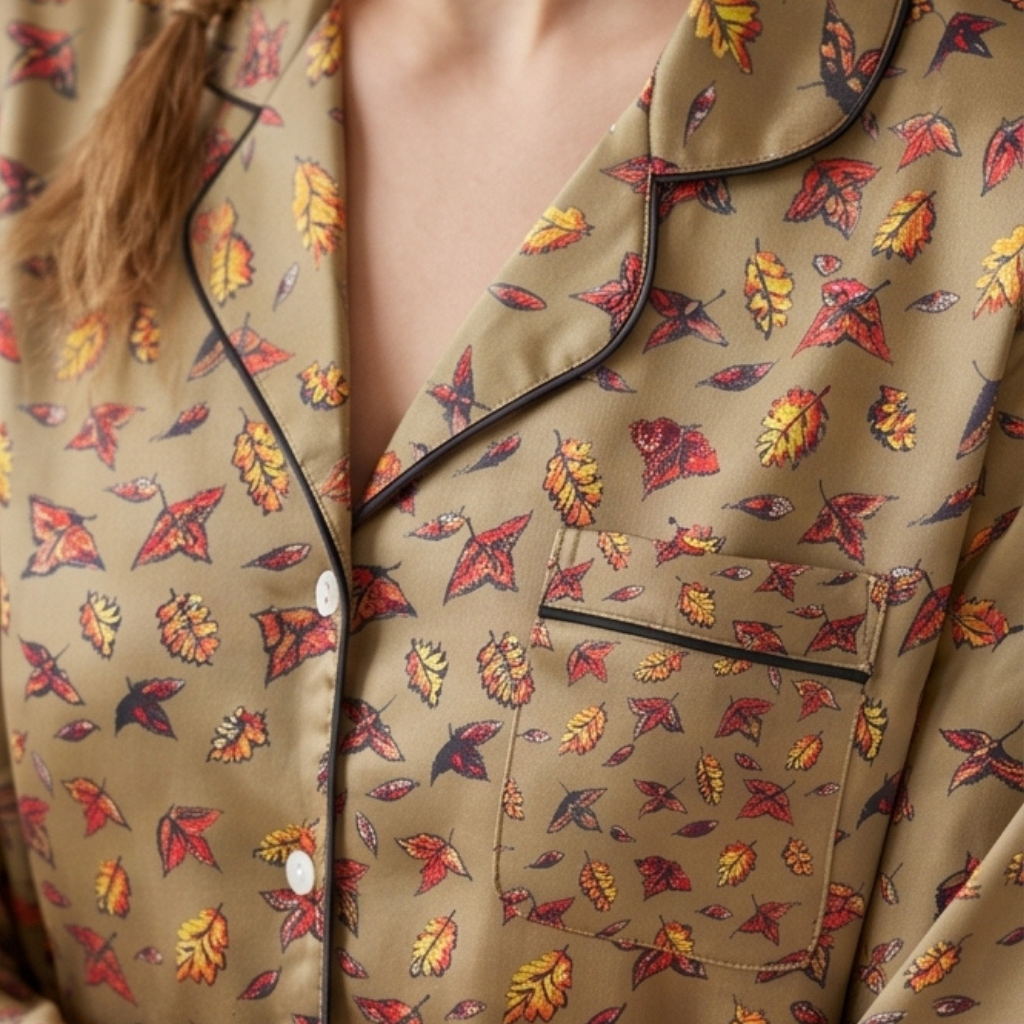 Close-up of the Autumn Green pyjama top's collar, chest pocket and red and yellow autumn leaf print on olive fabric