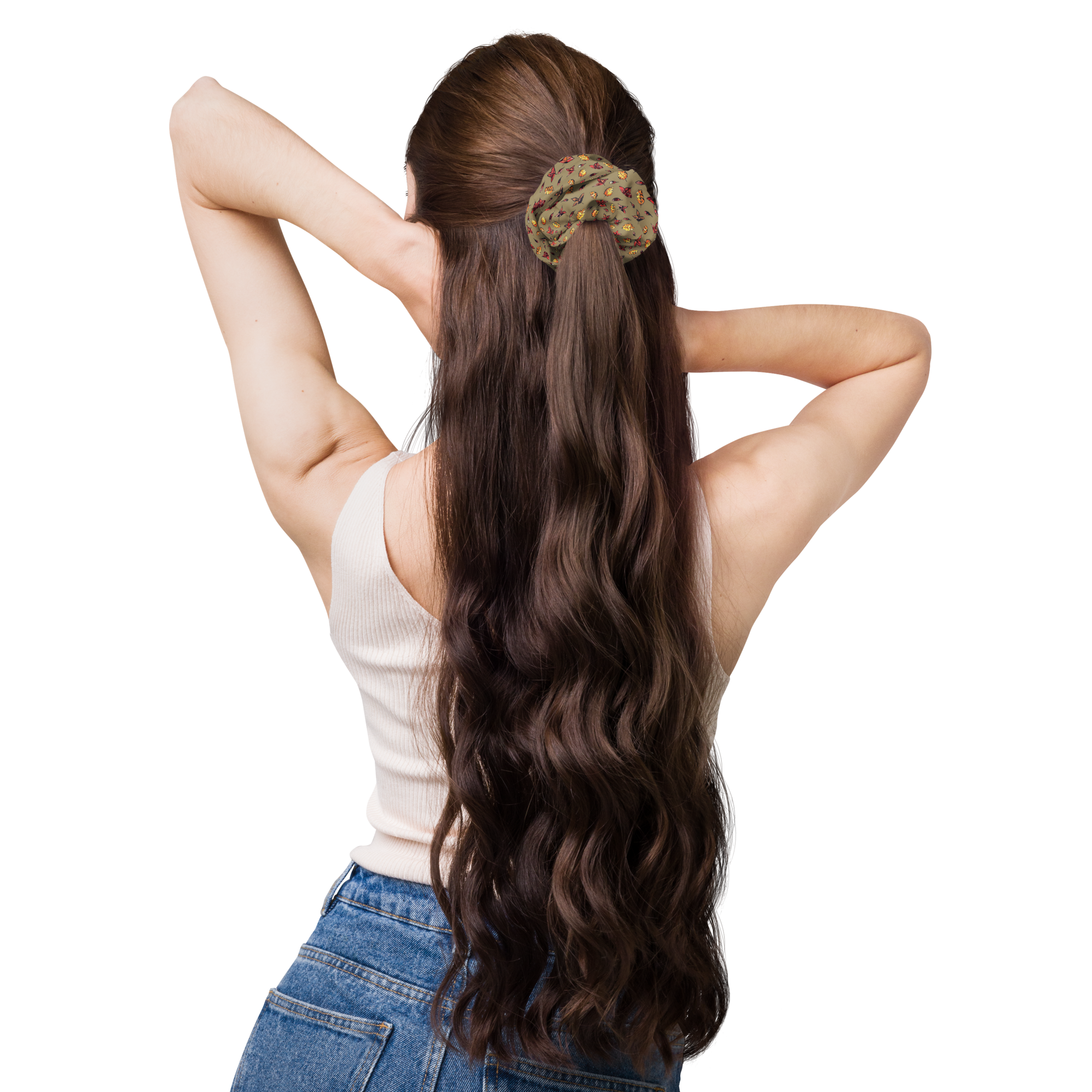 Woman with long wavy hair wearing the Autumn Green bow scrunchie, back view