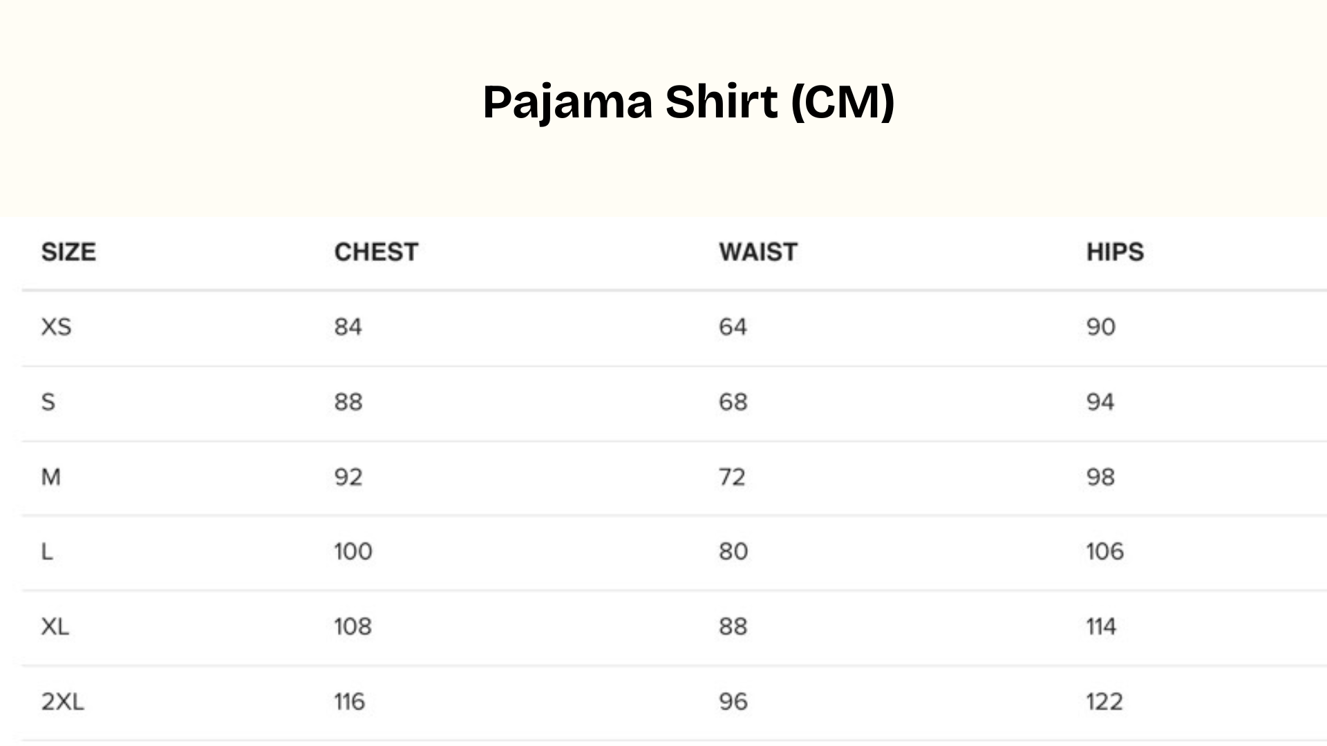 Pyjama top size chart in centimetres: chest, waist and hip measurements for sizes XS to 2XL