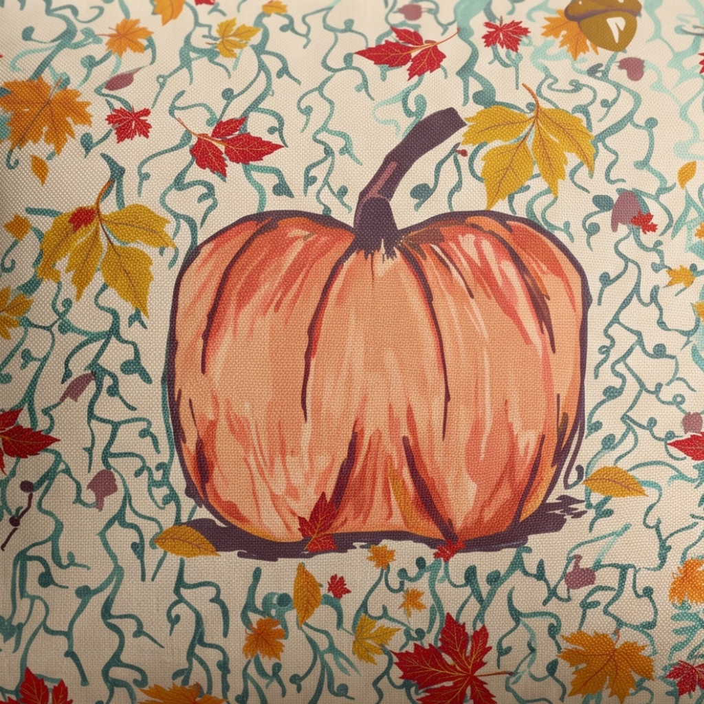 Close-up of the hand-painted orange pumpkin and red and golden leaves on the Pumpkin cushion cover