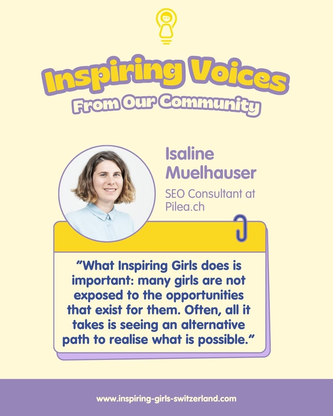 ✨ Role model spotlight: Isaline Muelhauser ✨ 

As a role model for Inspiring Girls, Isaline Muelhauser, SEO Consultant at Pilea.ch, shared an important reflection after speaking with girls during a school event: 

💬 &ldquo;What Inspiring Girls does 