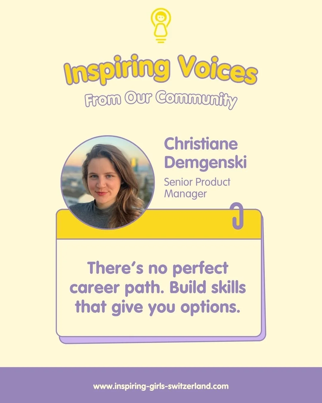 ✨Role model spotlight: Christiane Demgenski ✨

💬 There&rsquo;s no perfect career path. Build skills that give you options.

We&rsquo;re proud to spotlight Christiane, Senior Product Manager in financial services and one of our inspiring role models,