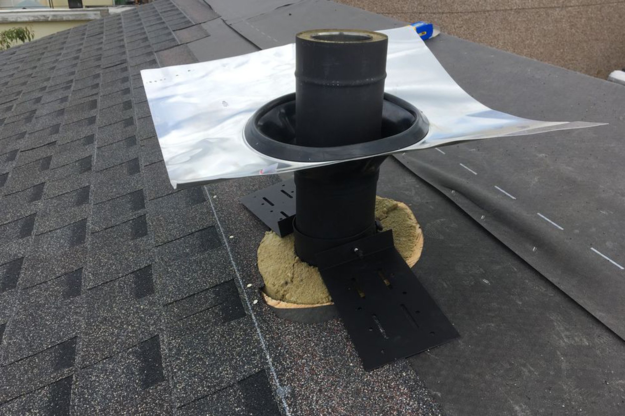 Flue support brackets are shown with weather tight flashing kit