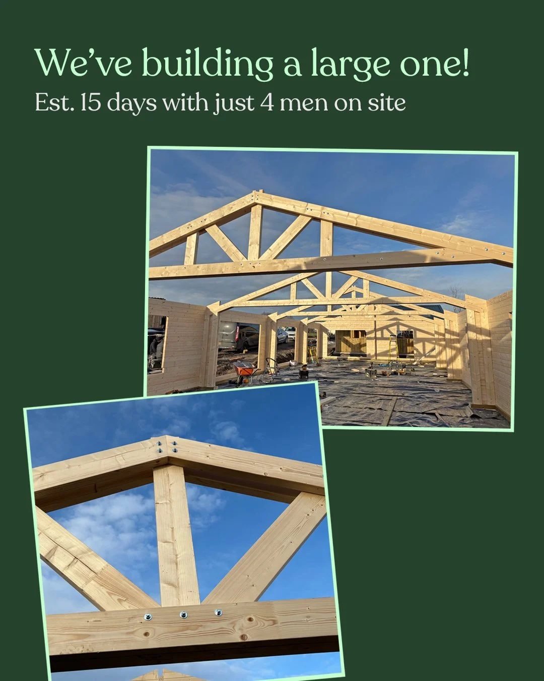 Stay tuned&hellip; we&rsquo;re building a big one 👀

We&rsquo;re currently on site assembling a large 8m x 20m log cabin, built fully to building regulation U-values and finished with aluminium doors and sash windows.

📅 Start date: 5th January
⏱️ 
