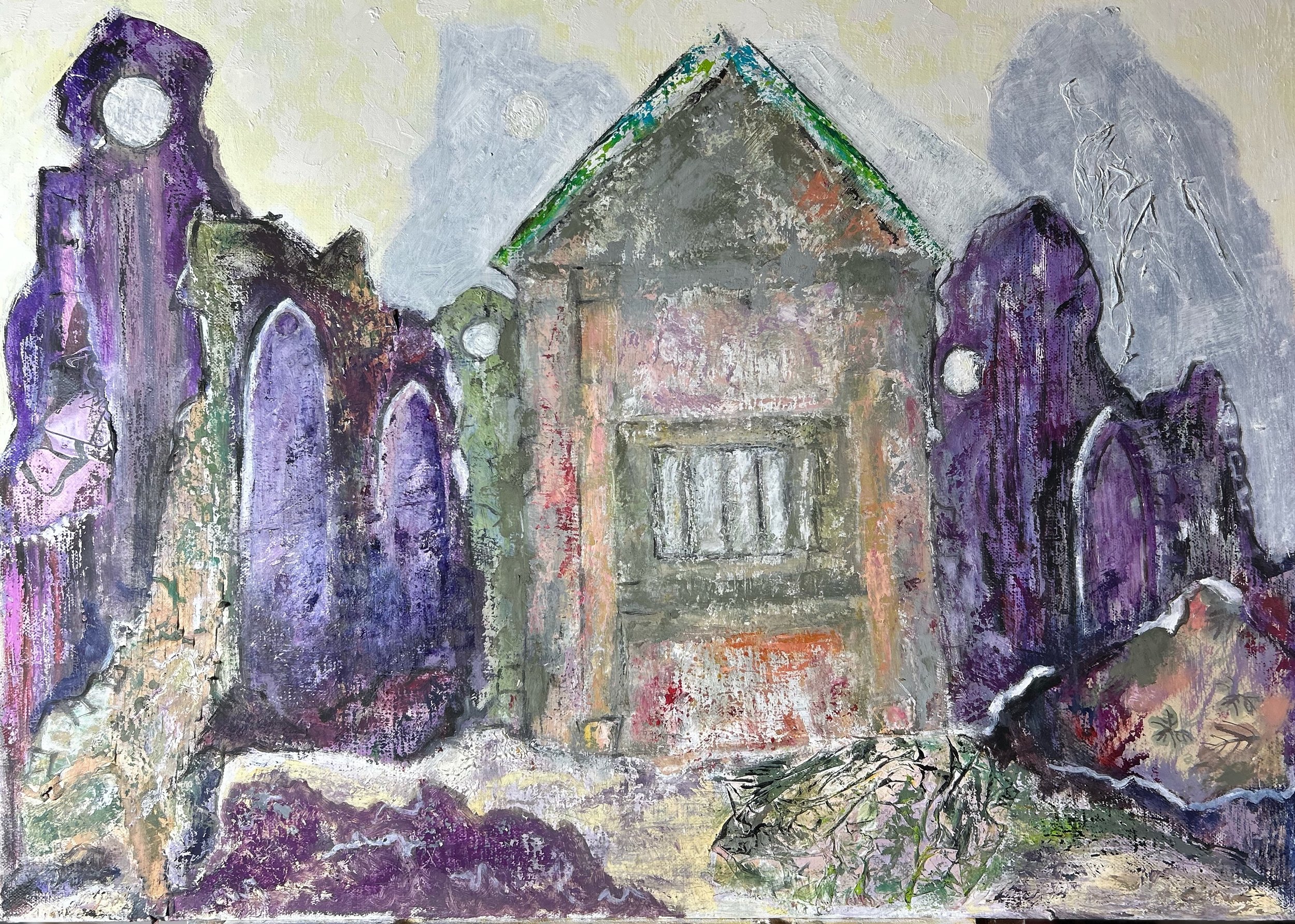 Binham Priory. Monumental shapes towering above, forgotten windows and doorways.