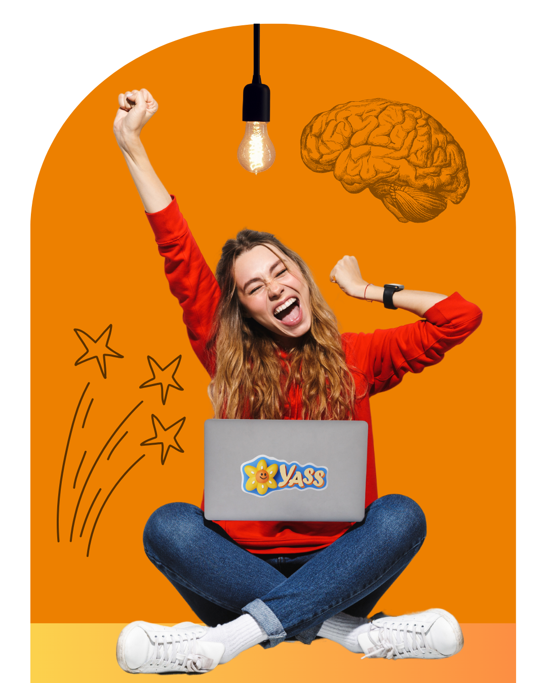 Illustration of a woman celebrating with a laptop and lightbulb above her head, representing calmer thinking, confidence, and mental clarity supported through Solution-Focused Hypnotherapy for anxiety.