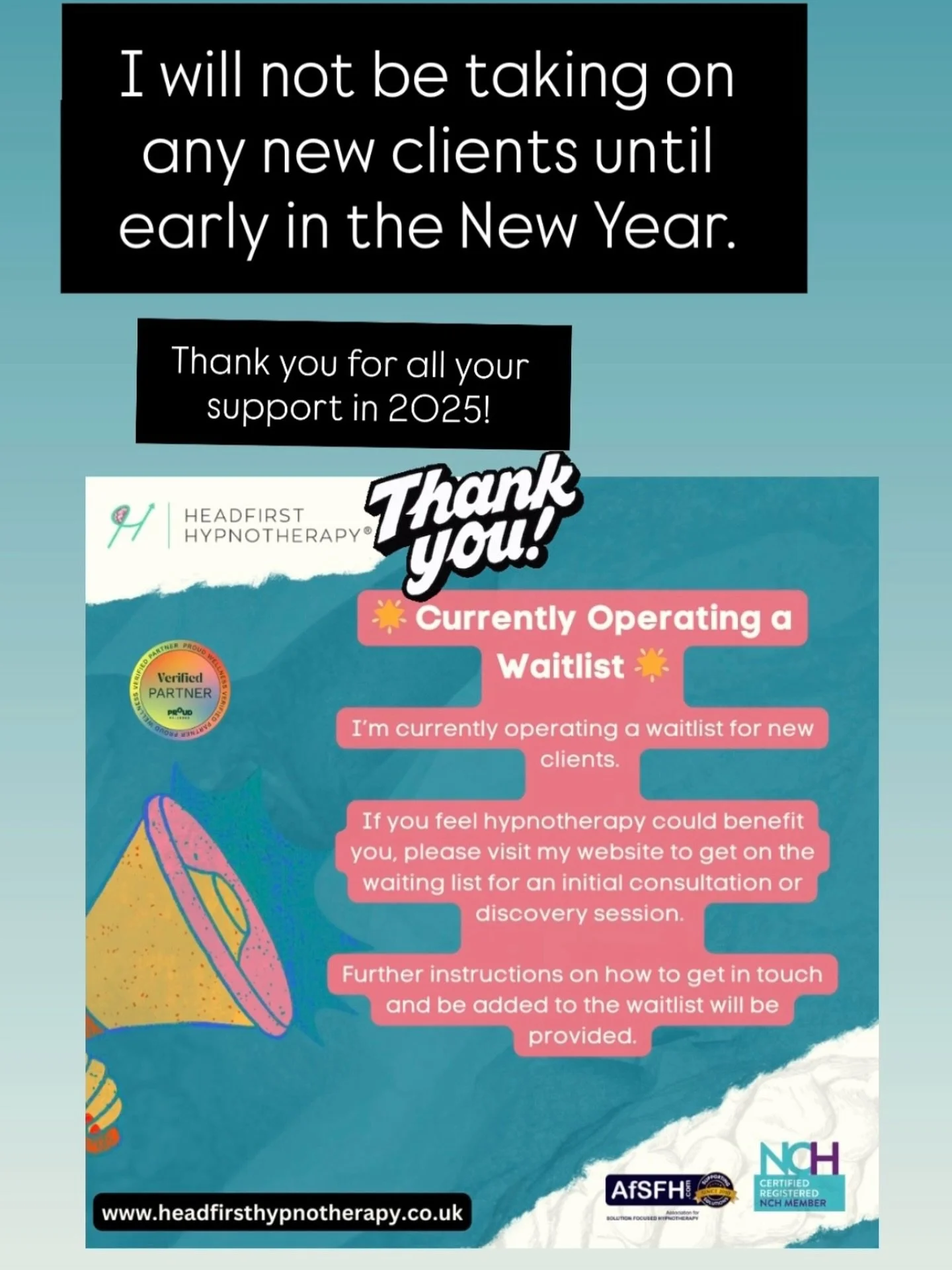 Happy Holidays ✨

Thank you so much for your support this year. I&rsquo;m not taking on any new clients until early in the New Year, but if you&rsquo;d like to work together in 2026, please feel free to join my waitlist.

My hours will be slightly am