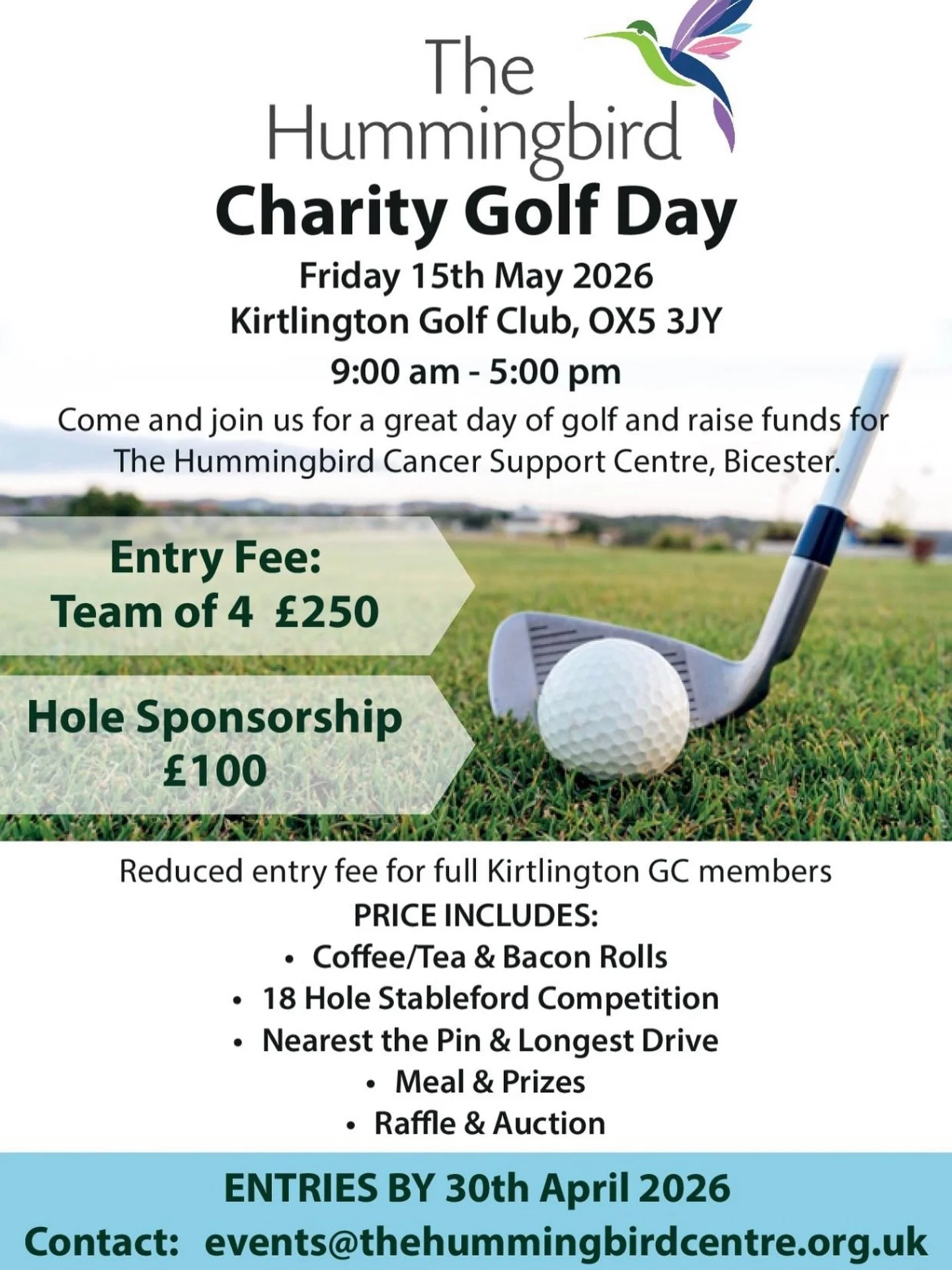 ARE YOU INTERESTED IN GOLF?

The @thehummingbirdcentre are bringing back their Charity Golf Event taking place on Friday 15th May @kirtlingtongolfclub 

If you would like the opportunity to take part please contact events@thehummingbirdcentre.org.uk 