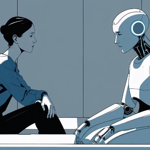 A woman sits in deep conversation with a humanoid robot representing ChatGPT, symbolising the emotional complexities and mental health risks of using AI as a substitute for therapy.