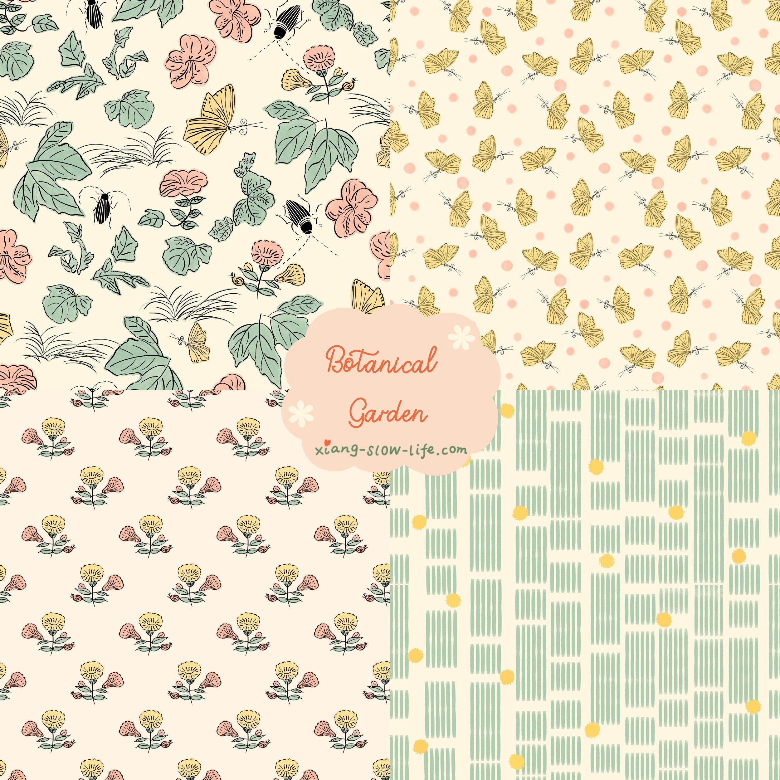 Traditional Chinese nature painting pattern with detailed wildflowers and butterflies. Traditionelles chinesisches Natur- und Botanik-Muster mit Wildblumen von Xiang Yin.