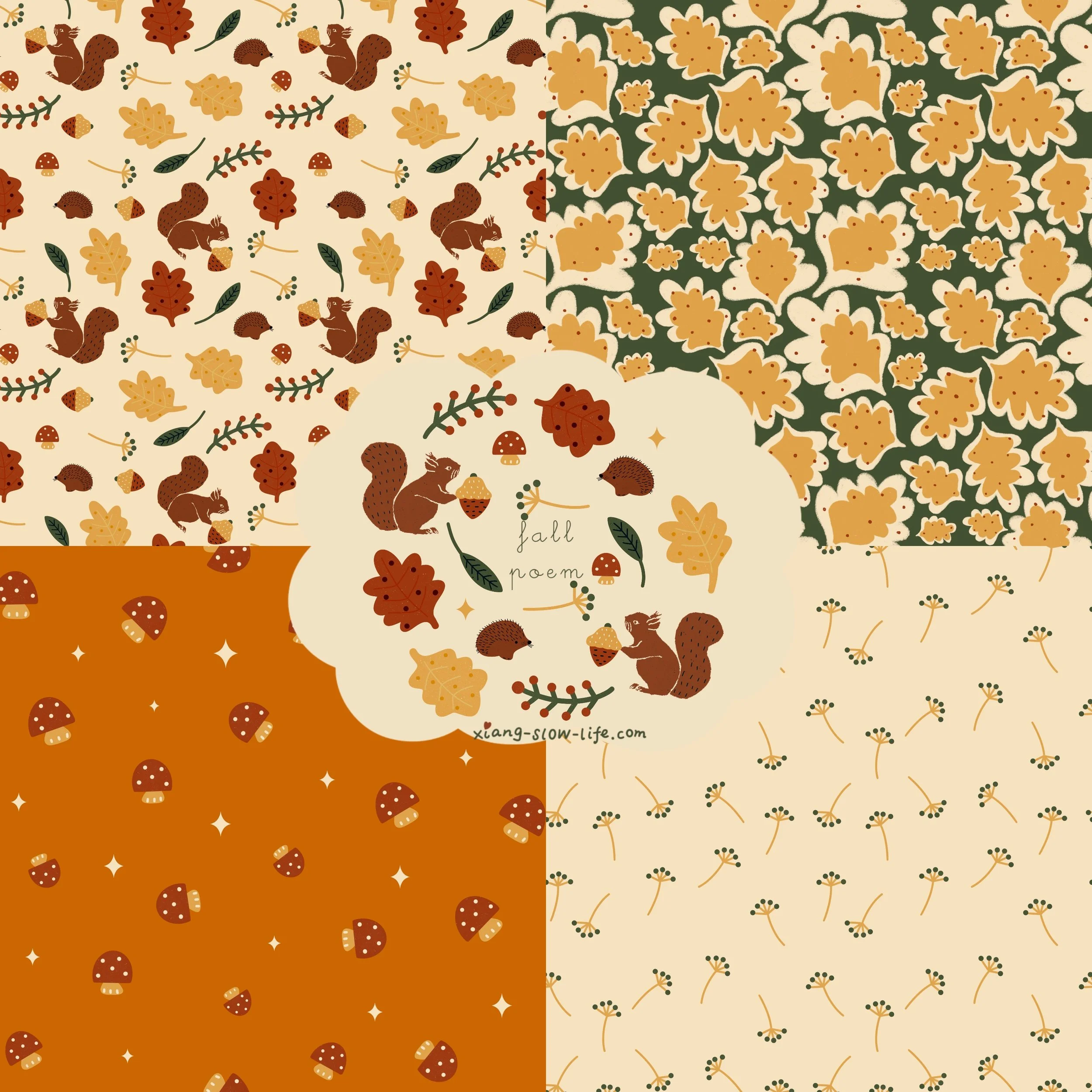 Cozy autumn poem pattern with leaves and forest fungi in deep ambers. Gemütliches Herbst-Muster mit Blättern und Waldpilzen in Bernstein von Xiang Yin.
