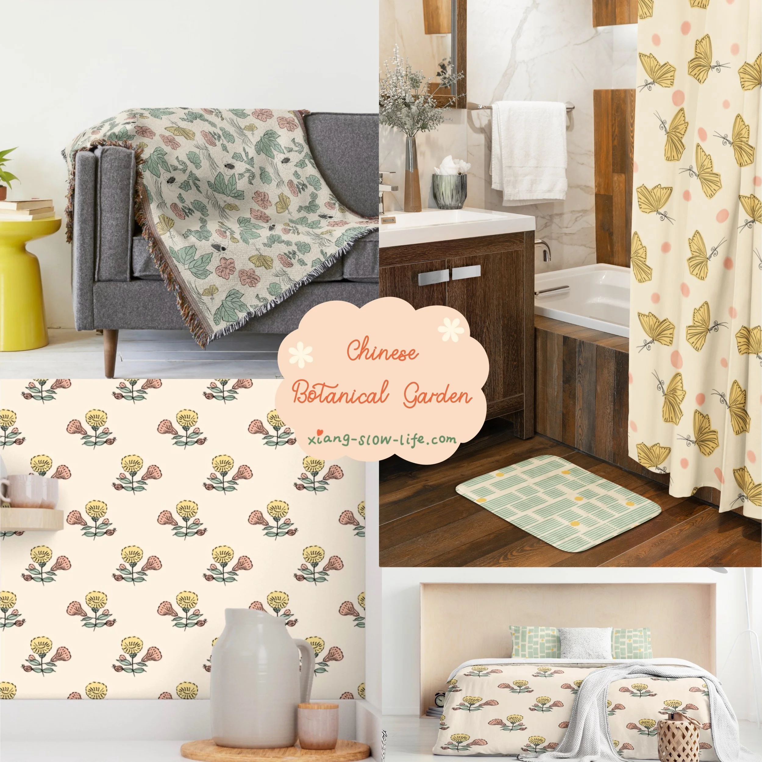Traditional Chinese nature painting pattern with detailed wildflowers and butterflies. Traditionelles chinesisches Natur- und Botanik-Muster mit Wildblumen von Xiang Yin.