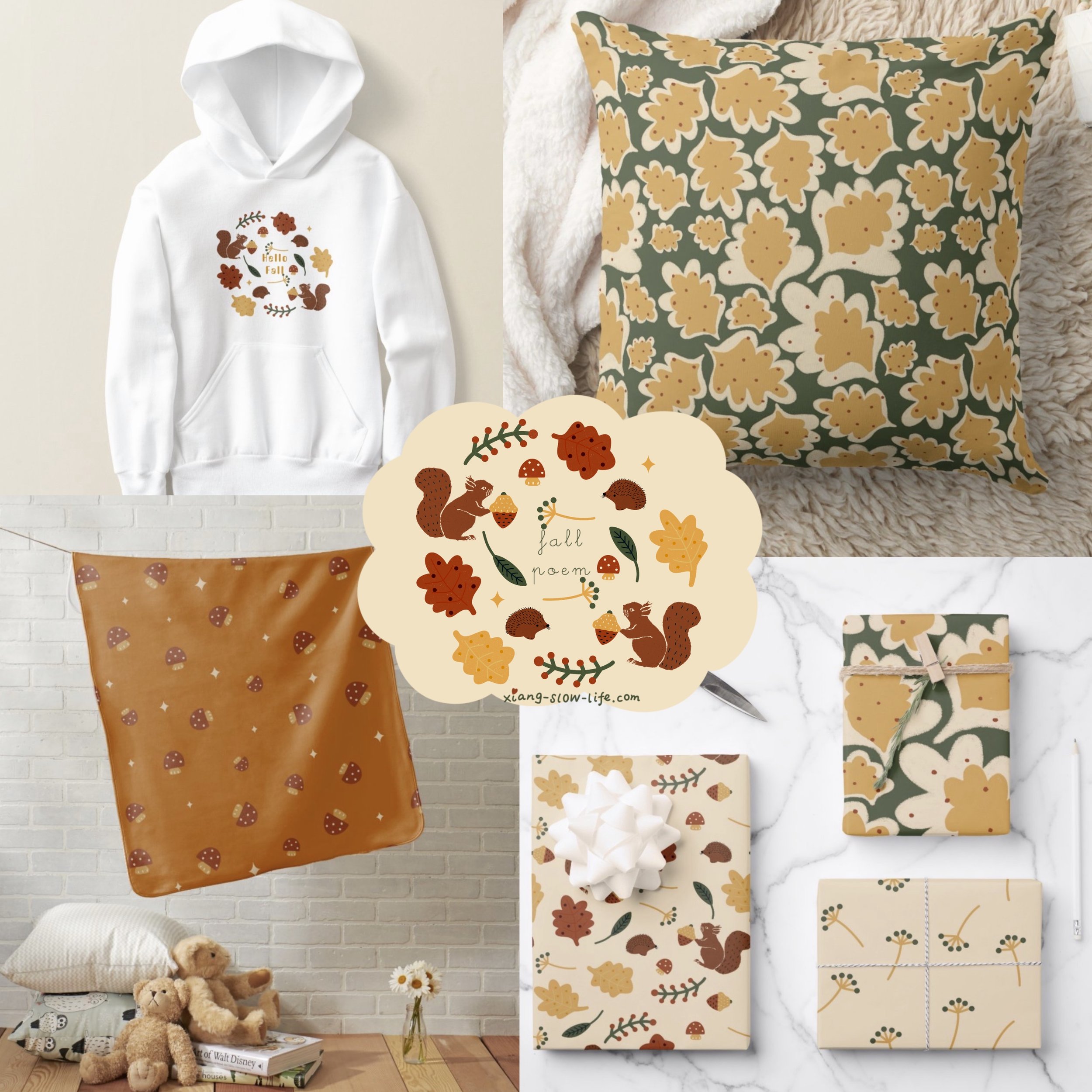 Cozy autumn poem pattern with leaves and forest fungi in deep ambers. Gemütliches Herbst-Muster mit Blättern und Waldpilzen in Bernstein von Xiang Yin.