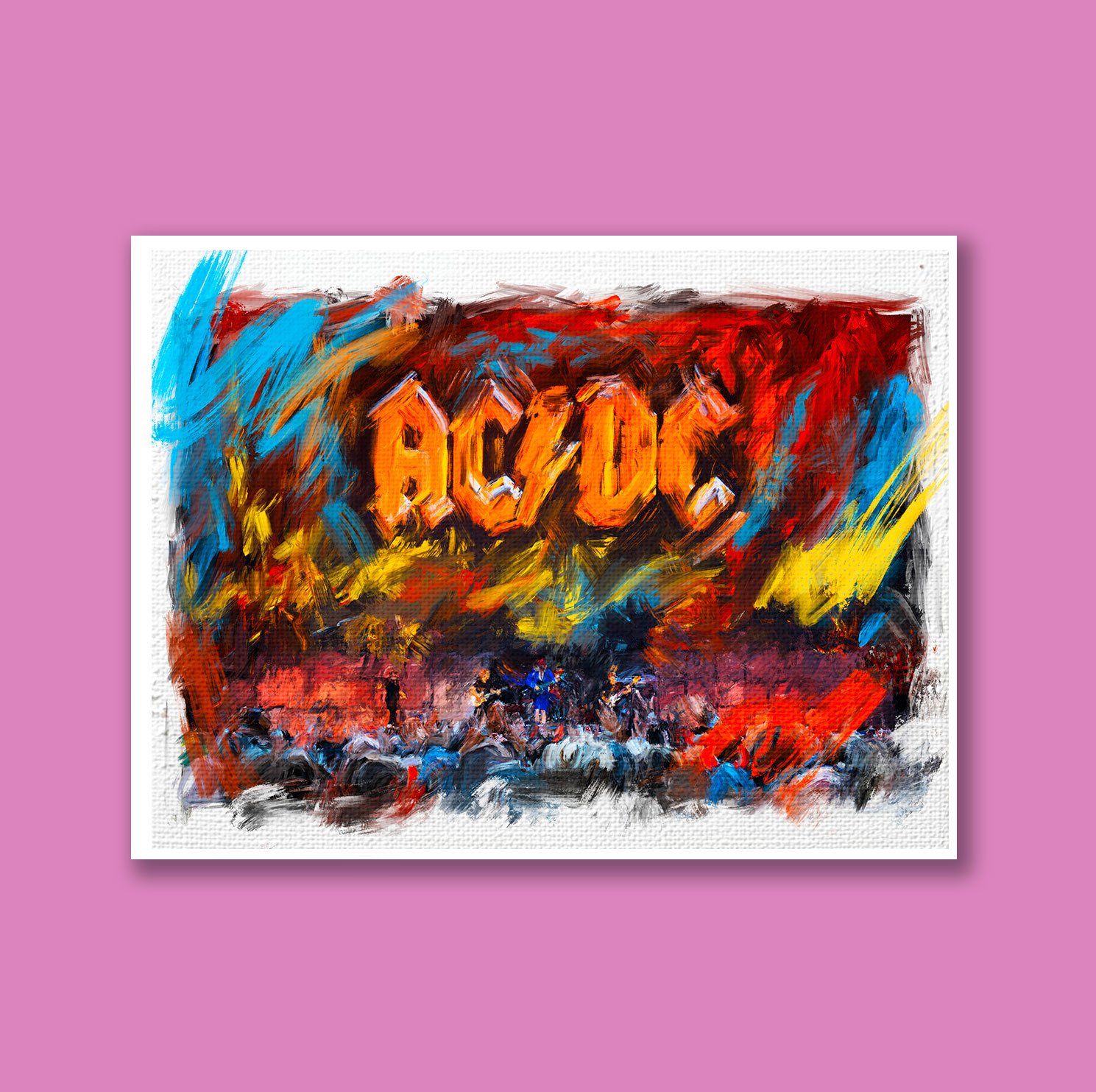 A colorful abstract painting with the word "LOVE" prominently displayed in the center, with a crowd of smaller figures below, set against a vivid, energetic background with swirling brushstrokes of blue, red, yellow, and black.