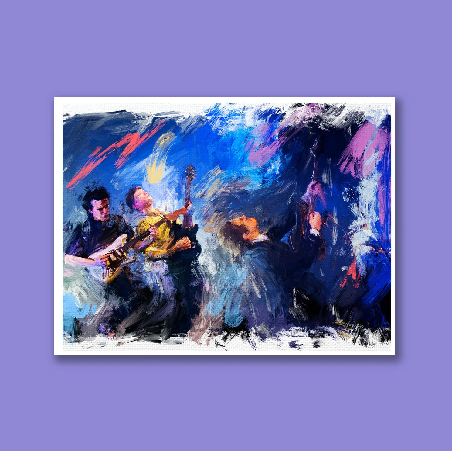 Abstract painting of three musicians playing guitars and singing, with expressive brushstrokes and vibrant colors.