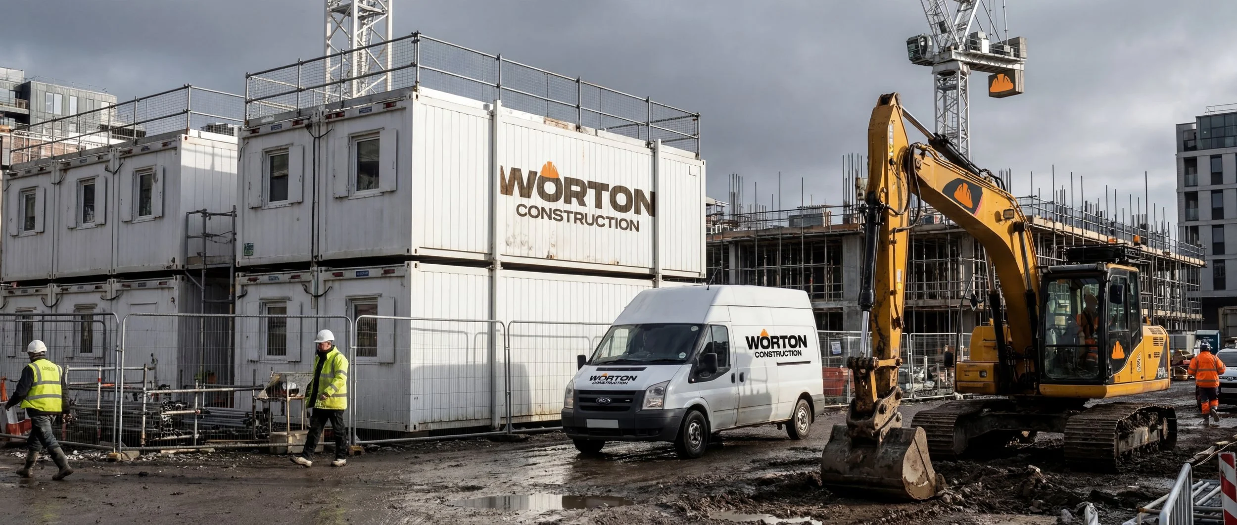 Construction workers wearing safety gear on a site with a yellow excavator and white portable offices bearing the Worton Construction logo, with scaffolding and a building under construction in the background.