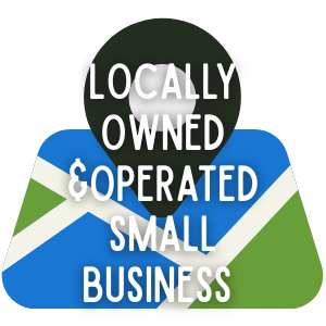 A sign with a green circle and the text 'Locally Owned & Operated Small Business' over a background of blue and green shapes.