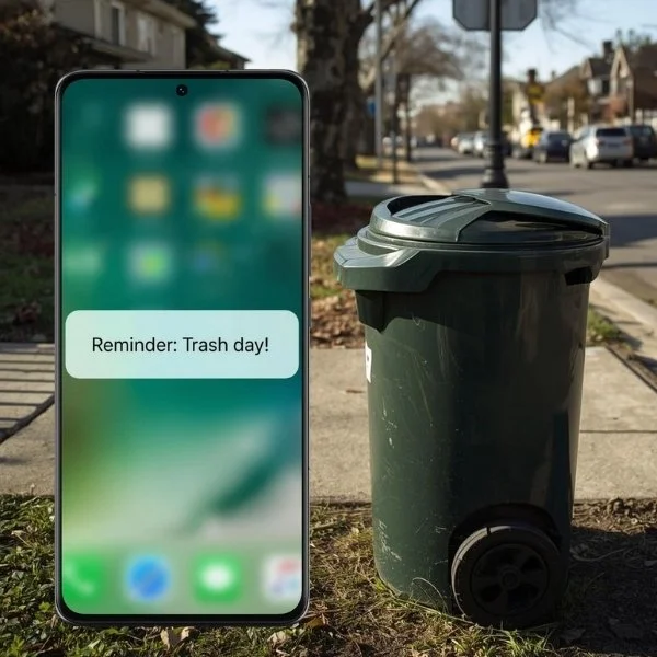 A smartphone displaying a reminder notification that says, 'Reminder: Trash day!' next to a green trash can on a sidewalk in a neighborhood.