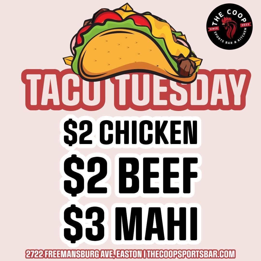 It's Taco Tuesday. 

IT'S TACO TUESDAY.

www.thecoopsportsbar.com #tacotuesday #eastonpa #thecoopsportsbar