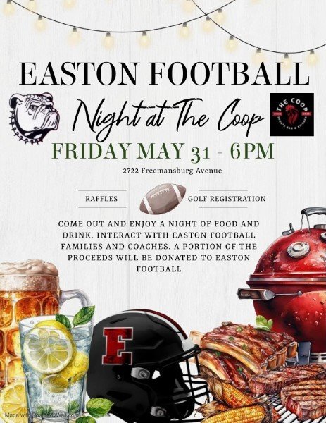 Come out and enjoy a night of food and drink to help support Easton Football! 

#EastonFootball #TheCoop #EastonHS #RedRovers
