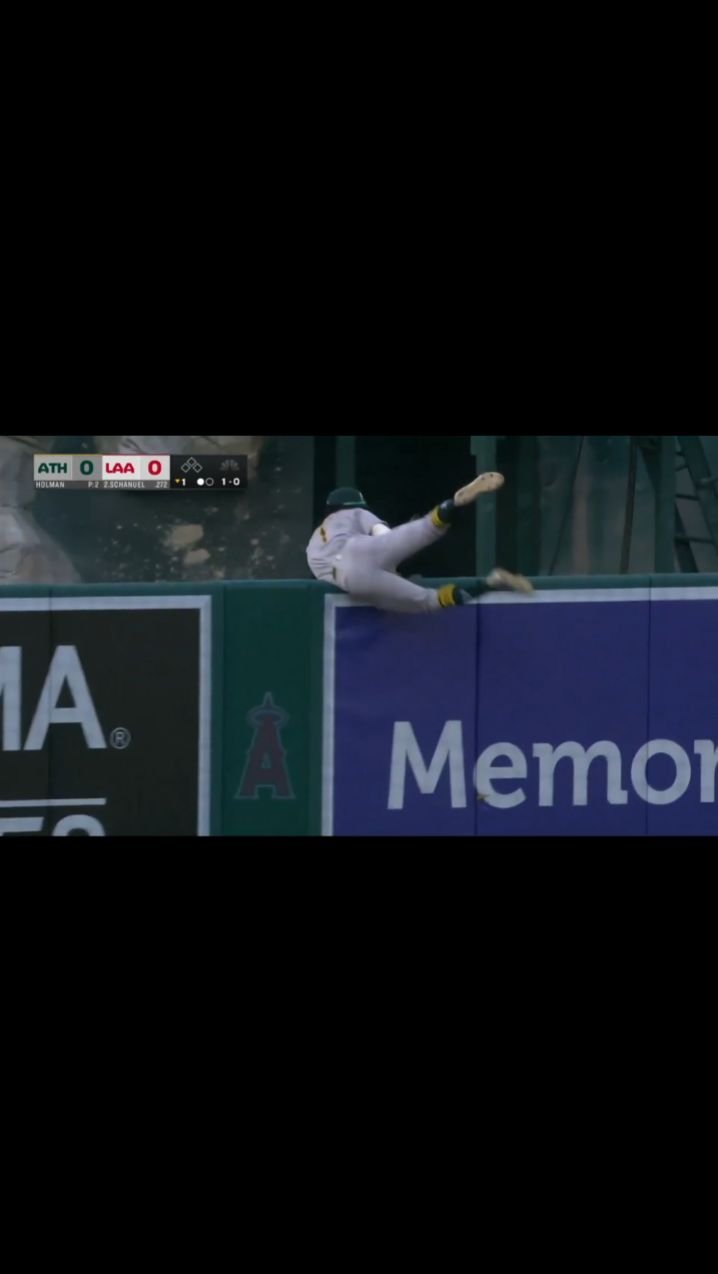 Athletics CF Denzel Clarke makes a great catch to rob Angels Nolan Schanuel of a home run