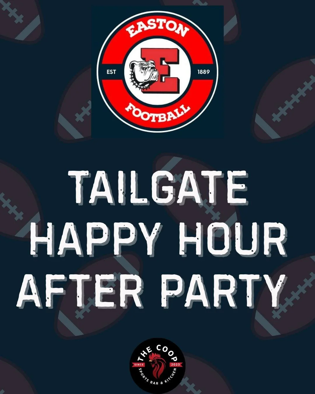 🏈 It’s GAME DAY! 🏈
Kick off the Easton Red Rovers Home Opener at The Coop! 🐔
⚡ Pre-game tailgate at The Coop
🍻 Happy Hour 5–7PM (half off ALL apps)
🎶 Post-game hangout back at The Coop
Let's go Red Rovers! 
#TailgateAtTheCoop #Hap