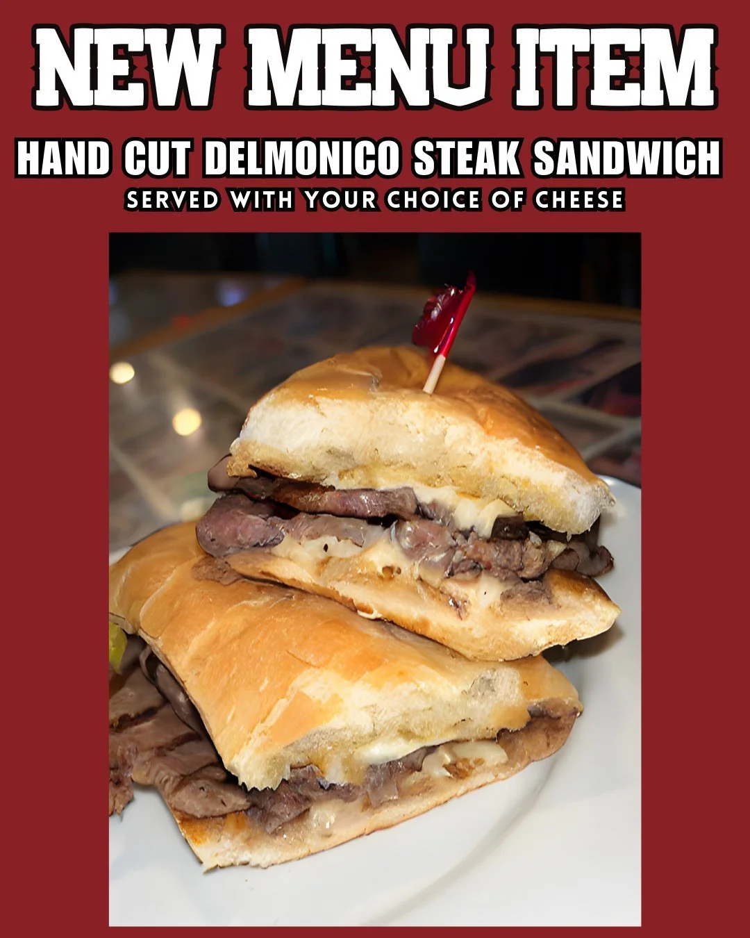 🔥NEW at The Coop! 🔥
Hand-Cut Delmonico Steak Sandwich with your choice of cheese. Come grab yours today! 🥩🥪
#SteakSandwich #NewMenuItem #EatLocal #SportsBar