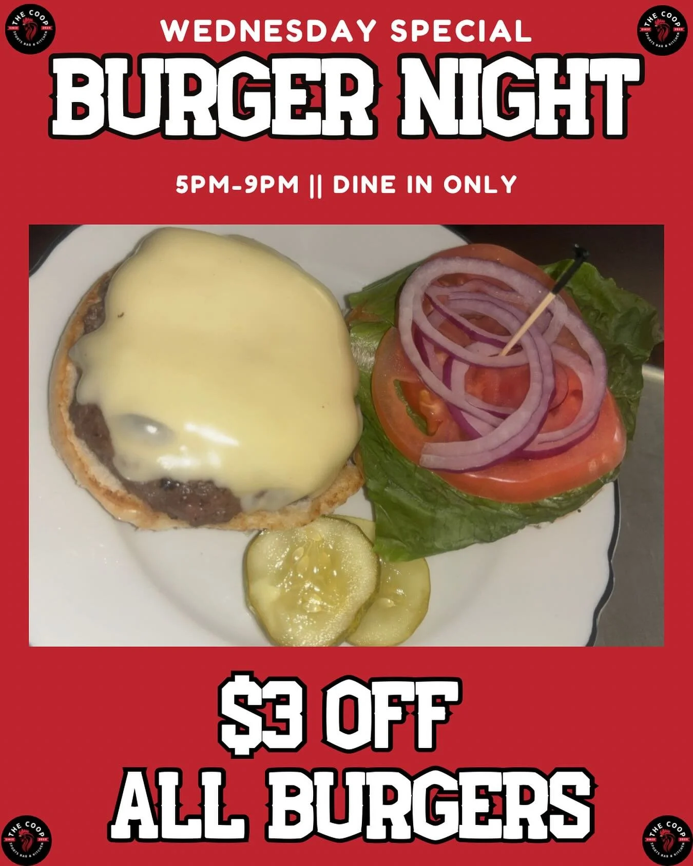 Wednesdays plans = solved. Burger Night @ the Coop 🐓🍔 Don’t miss it!
#BurgerNight #BurgersAndBeers #SportsBar #EatLocal #WednesdaySpecial