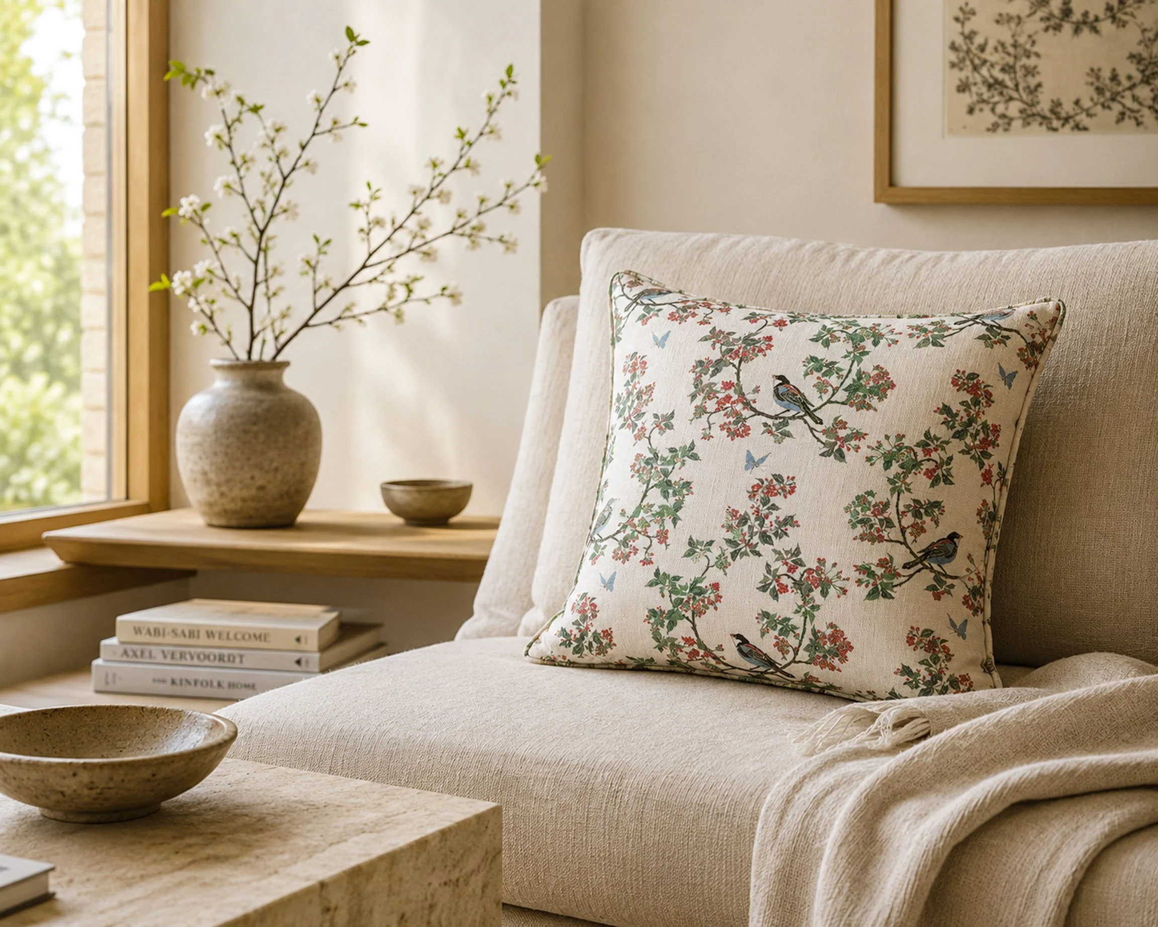Cushions Bird in Blossom Serene living room.jpg