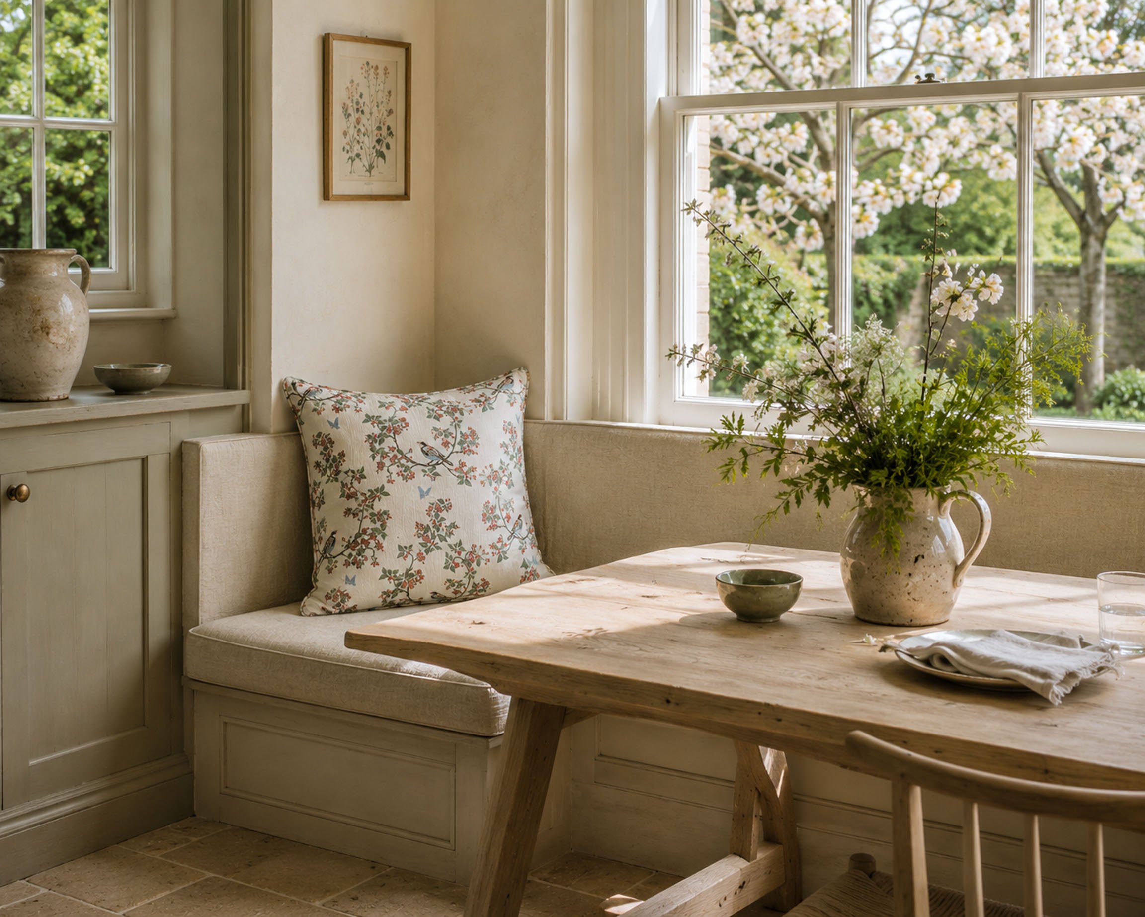 Cushions Bird in Blossom breakfast nook.jpg