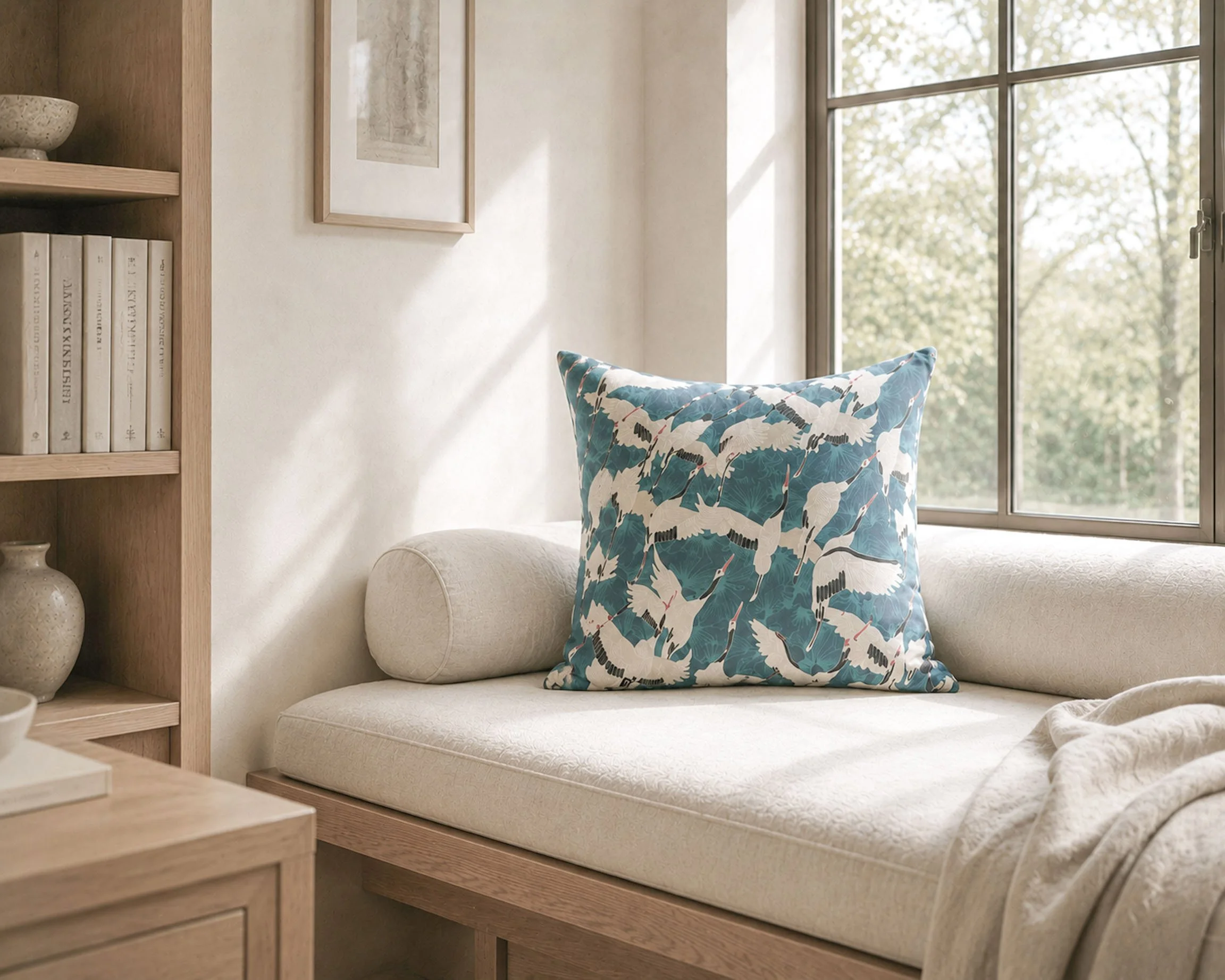 Cushions Cranes Blue Reading nook 2.jpg